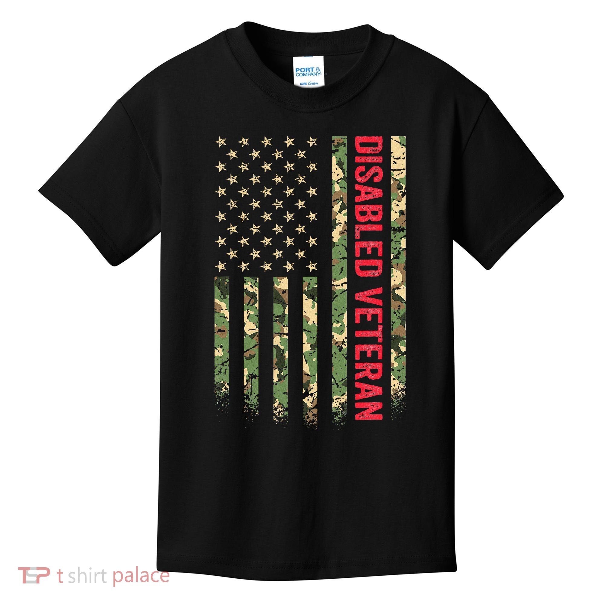 Disabled Veteran American Flag Camouflage Camo Patriotic Vet Kids T-Shirt