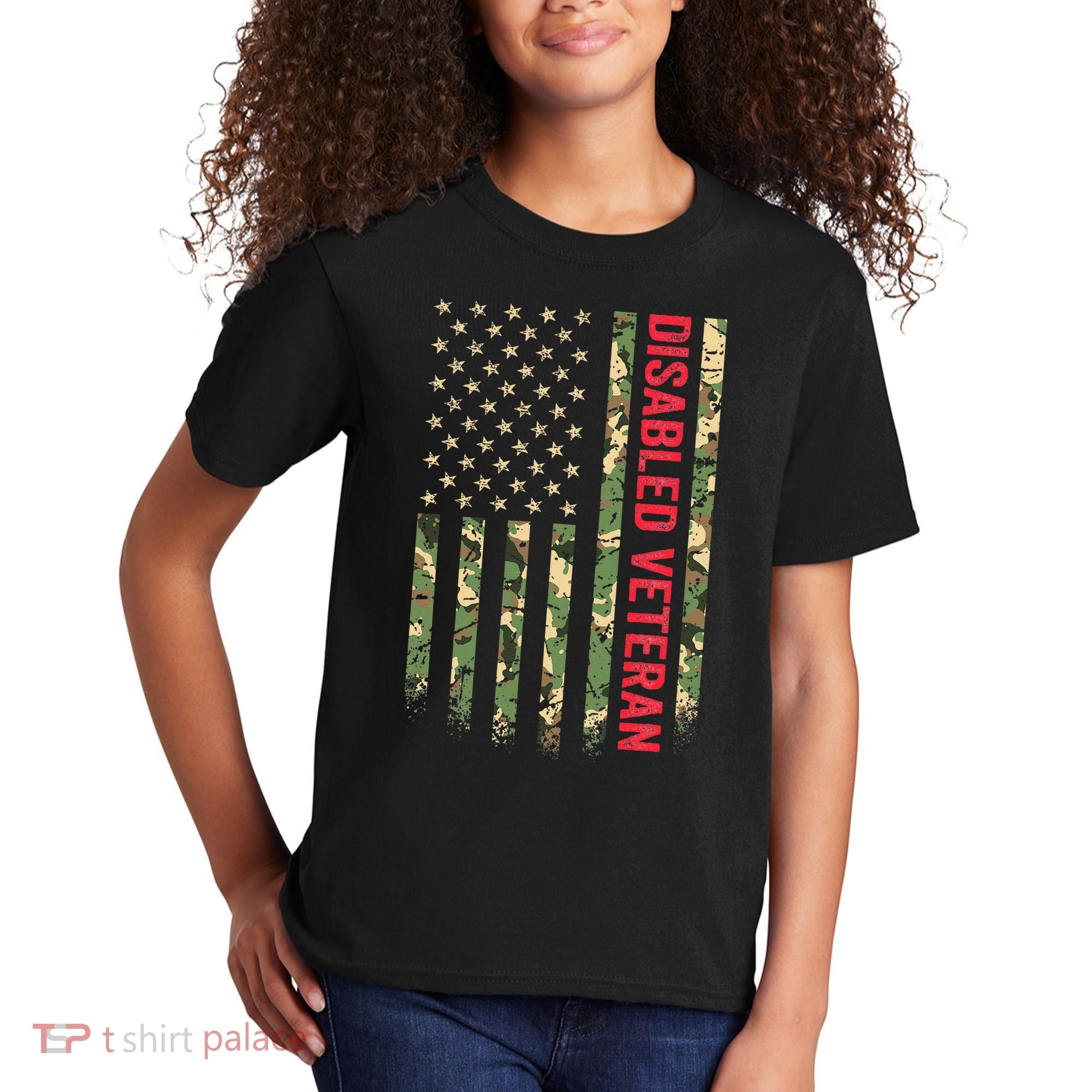 Disabled Veteran American Flag Camouflage Camo Patriotic Vet Kids T-Shirt