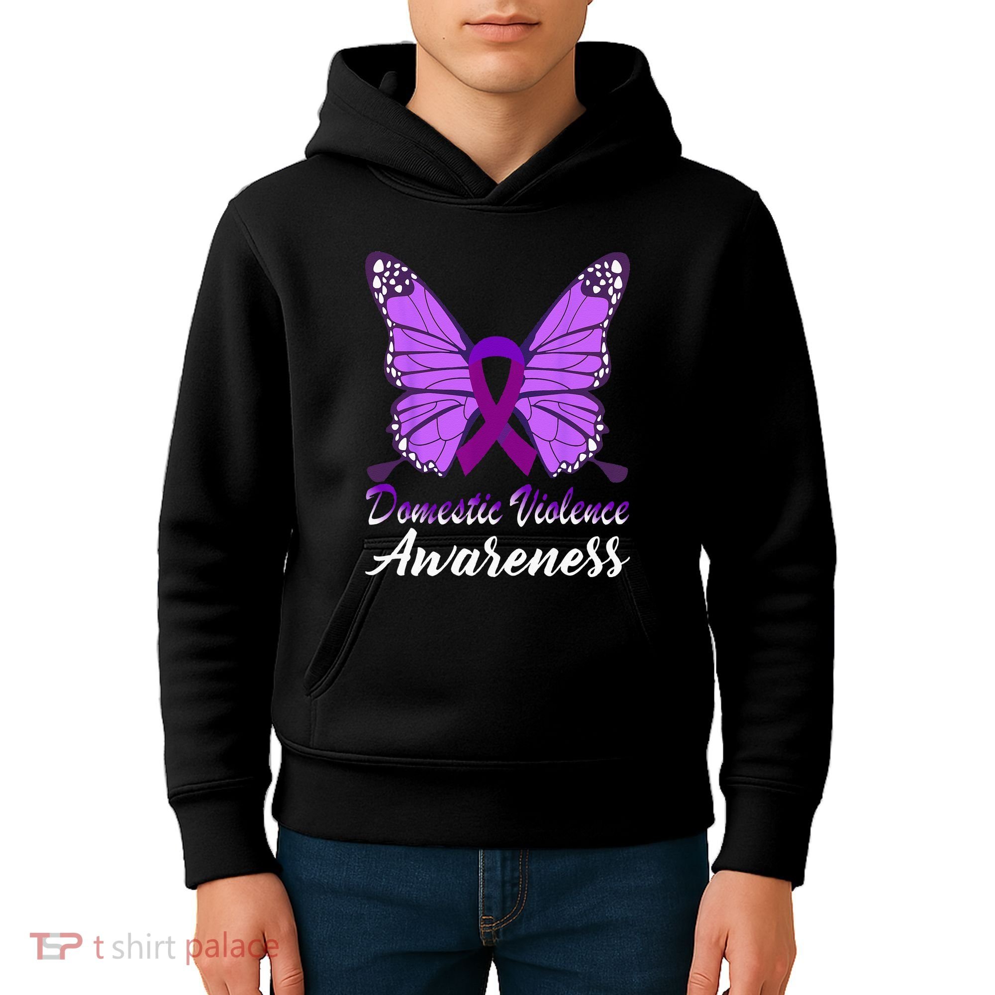 Domestic Violence Awareness Butterfly Purple Ribbon Support Kids Hoodie