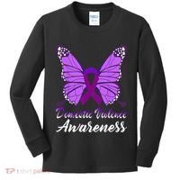 Domestic Violence Awareness Butterfly Purple Ribbon Support Kids Long Sleeve Shirt thumb 0