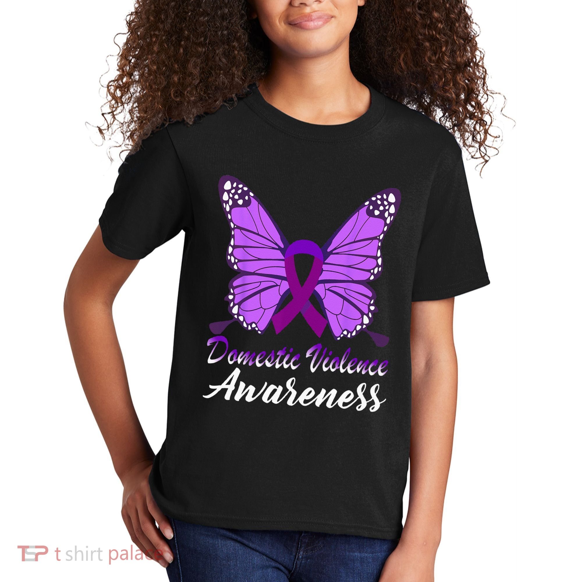 Domestic Violence Awareness Butterfly Purple Ribbon Support Kids T-Shirt