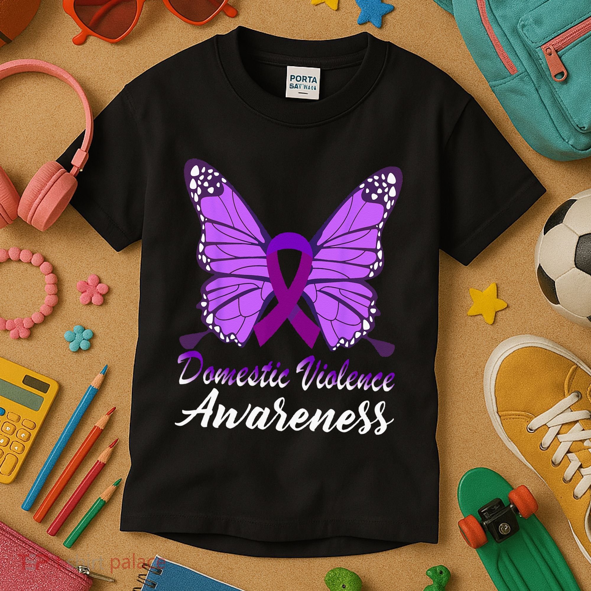 Domestic Violence Awareness Butterfly Purple Ribbon Support Kids T-Shirt