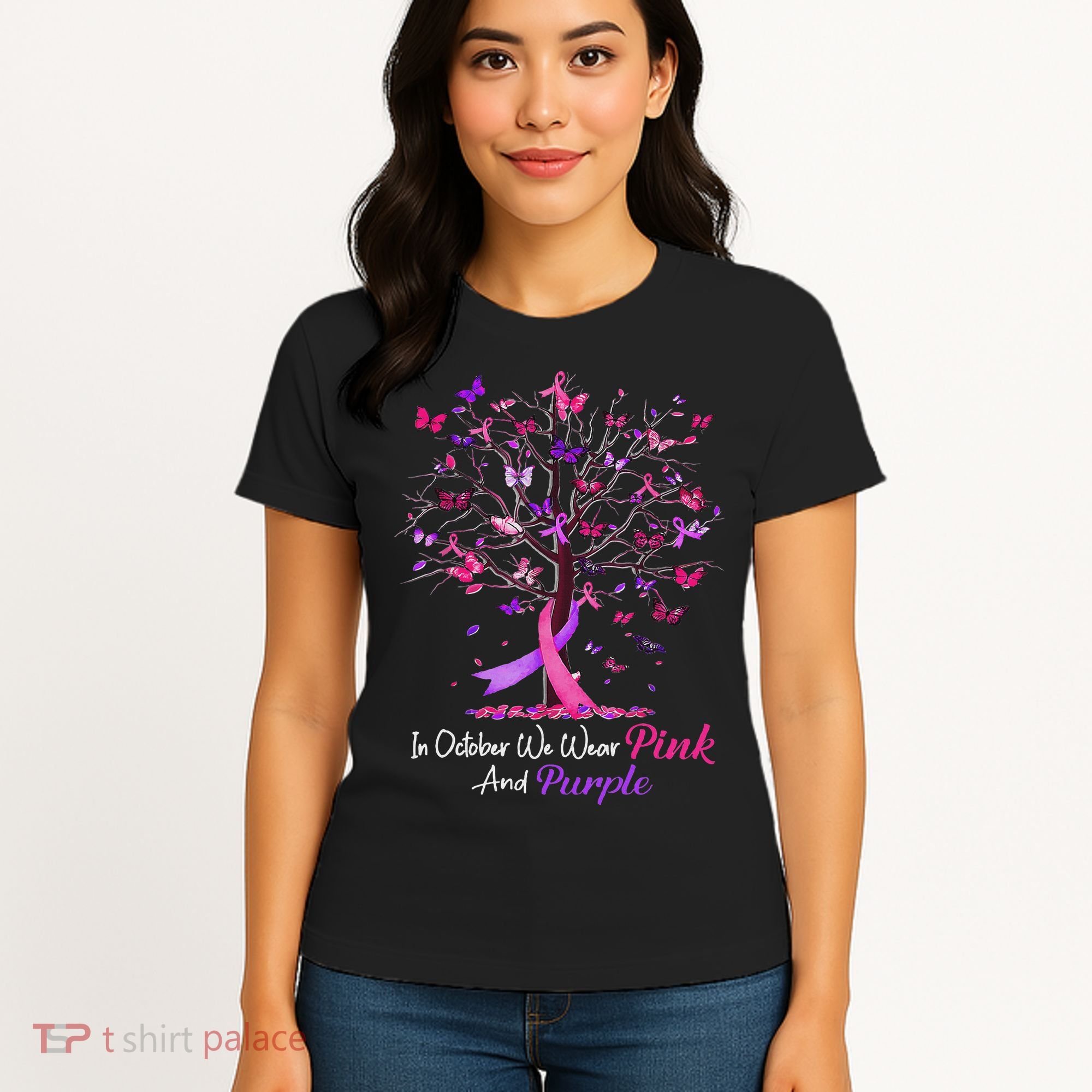 Domestic Violence Breast Cancer Awareness Month Ribbon Tree Women's T-Shirt