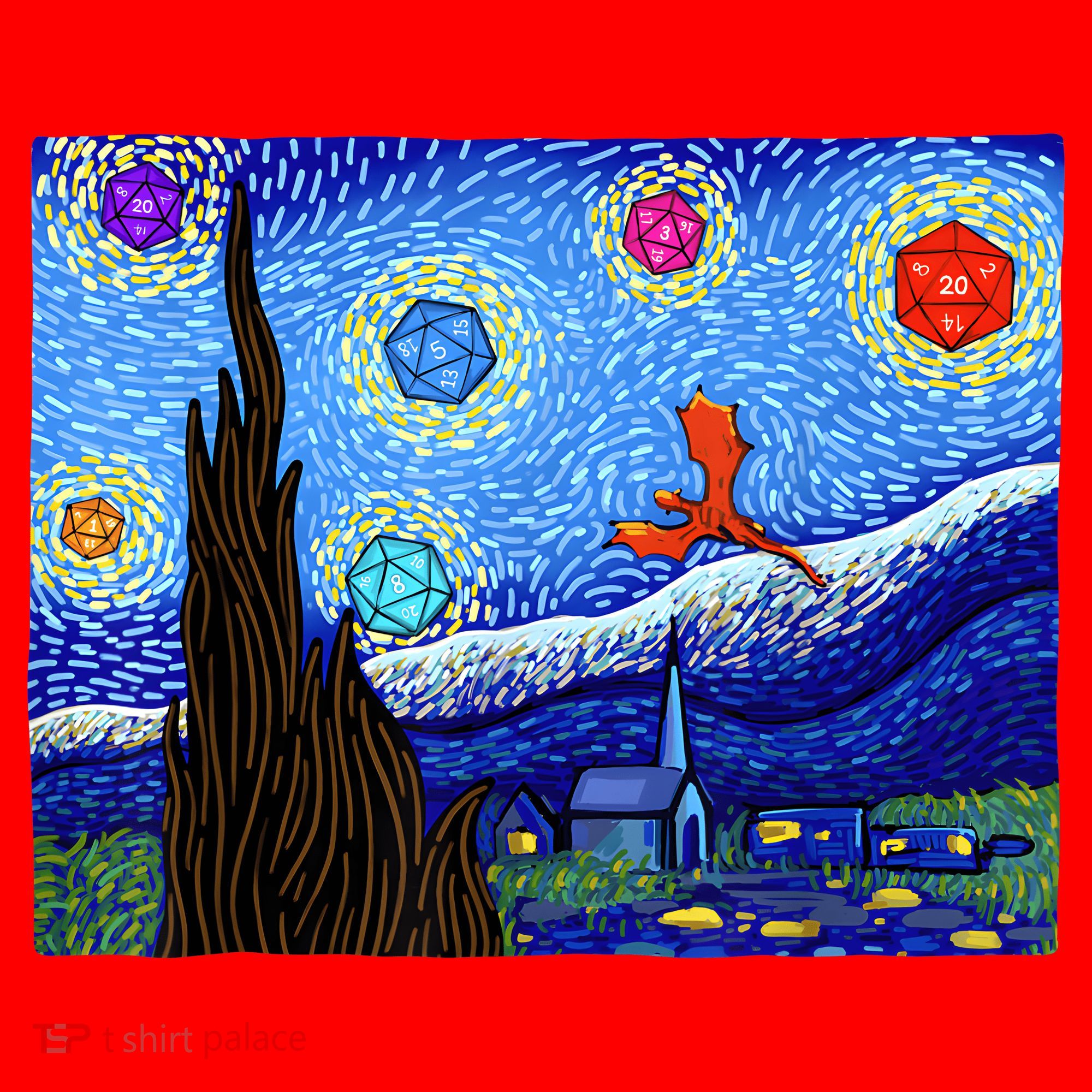 Dungeons Van Gogh Starry Night D20 Dragons Santa Hat