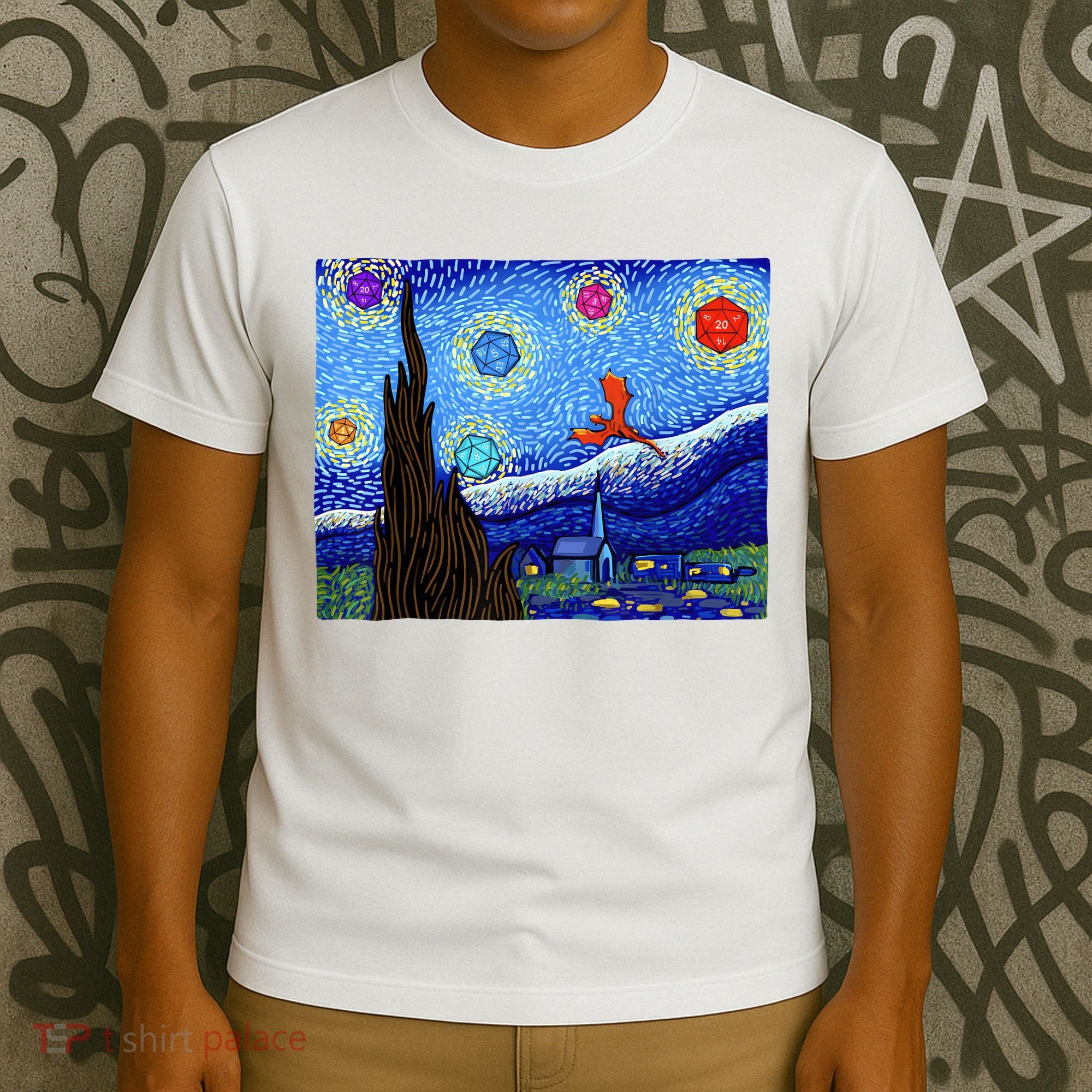 Dungeons Van Gogh Starry Night D20 Dragons T-Shirt