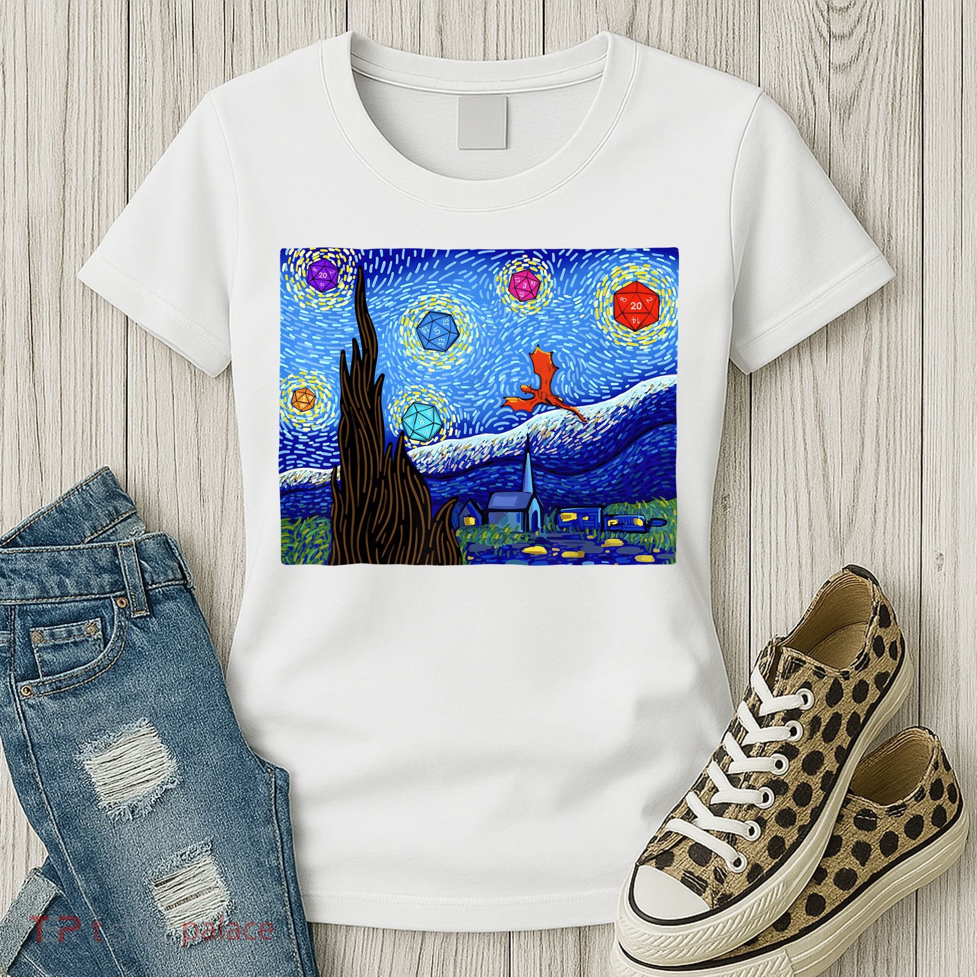 Dungeons Van Gogh Starry Night D20 Dragons Women's T-Shirt