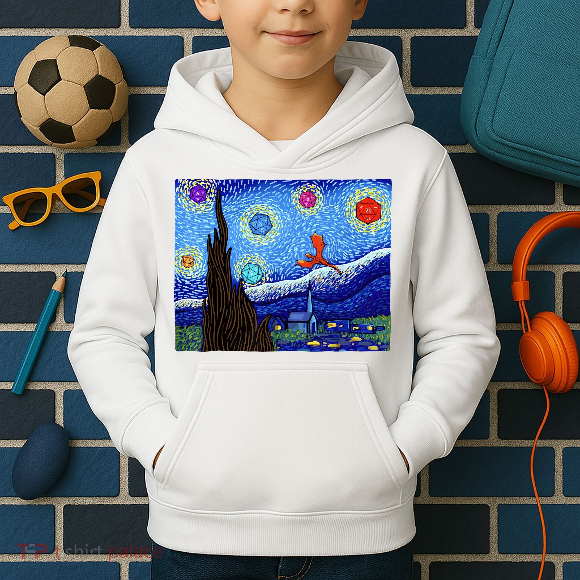 Dungeons Van Gogh Starry Night D20 Dragons Kids Hoodie