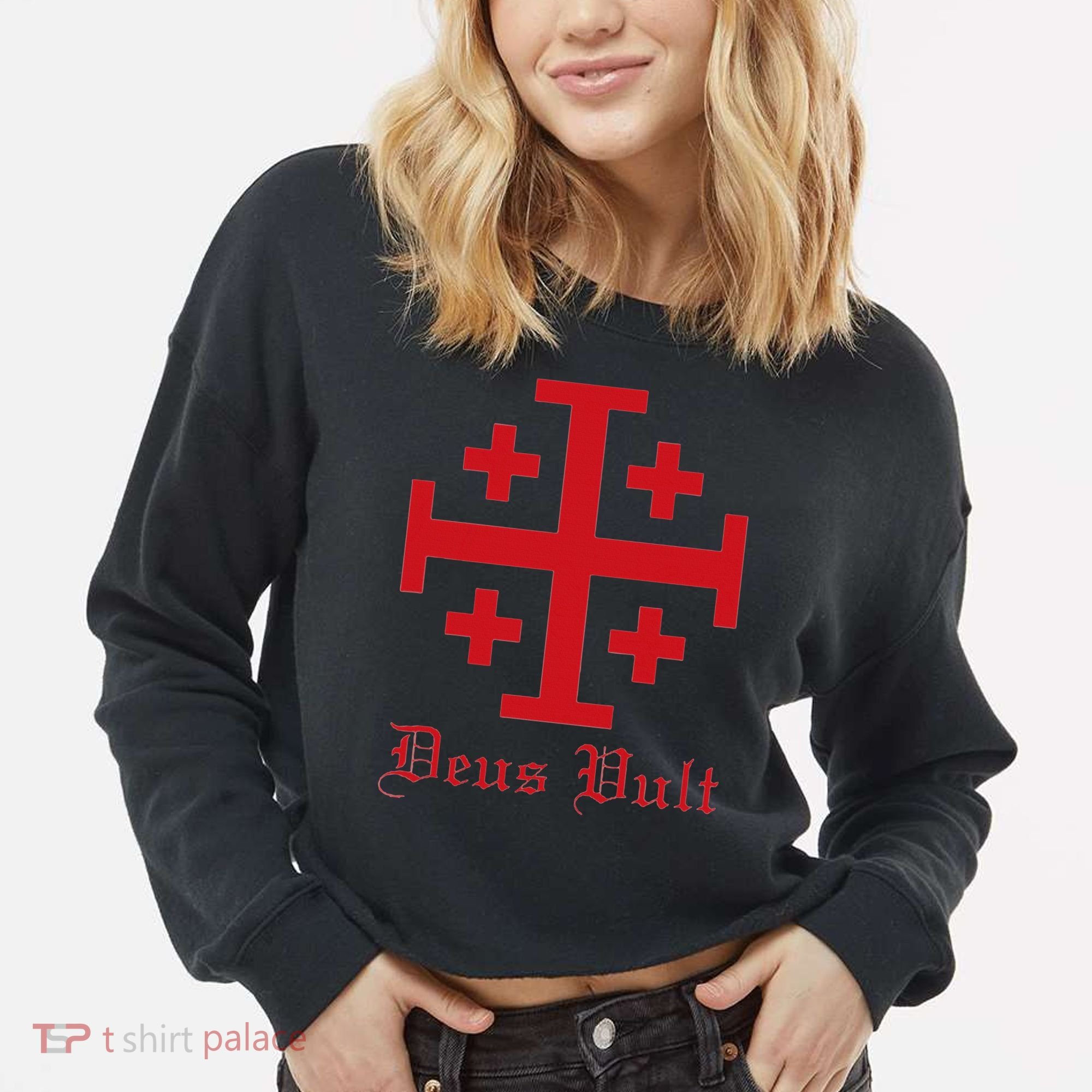 Deus Vult Jerusalem Cross Order Of The Holy Sepulchre Knight Cropped Pullover Crew