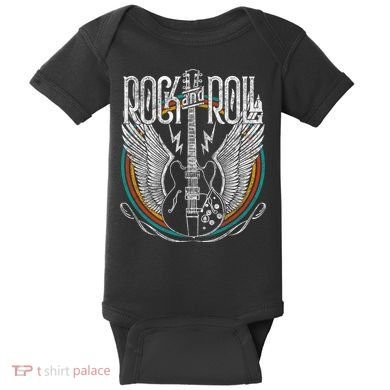 Distressed Vintage Retro 80s Rock & Roll Music Guitar Wings Baby Bodysuit