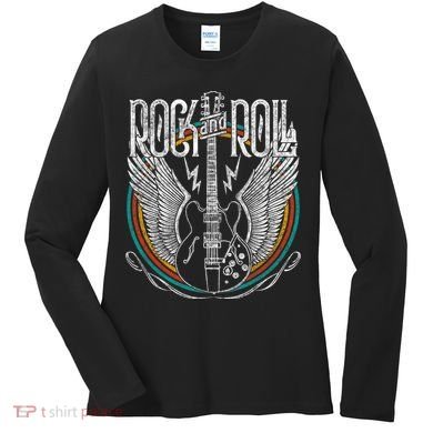 Distressed Vintage Retro 80s Rock & Roll Music Guitar Wings Women's Long Sleeve Shirt