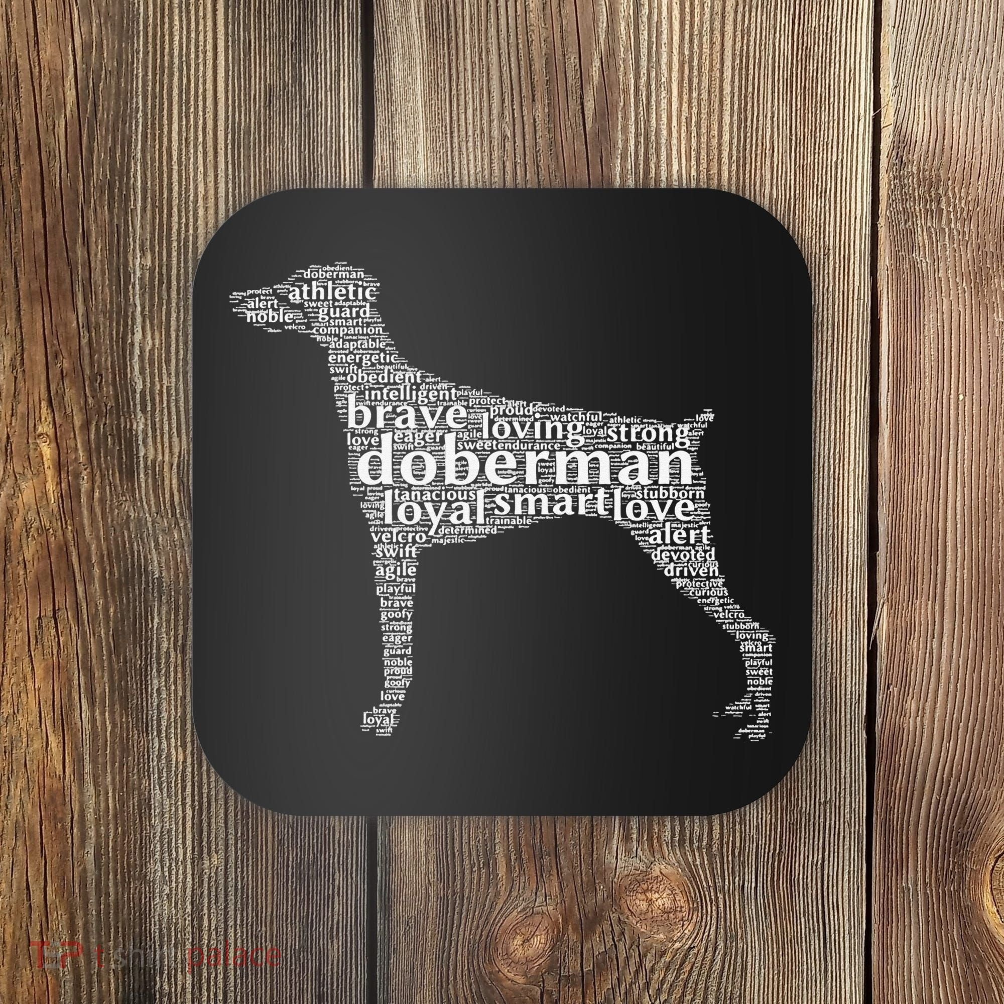 Doberman with a Docked Tail & Floppy Ears Word Cloud Coaster