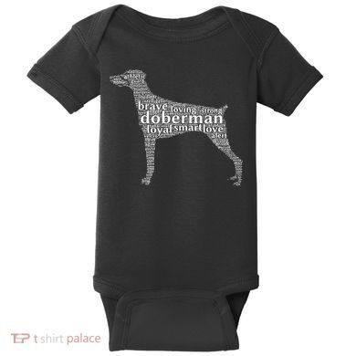 Doberman with a Docked Tail & Floppy Ears Word Cloud Baby Bodysuit
