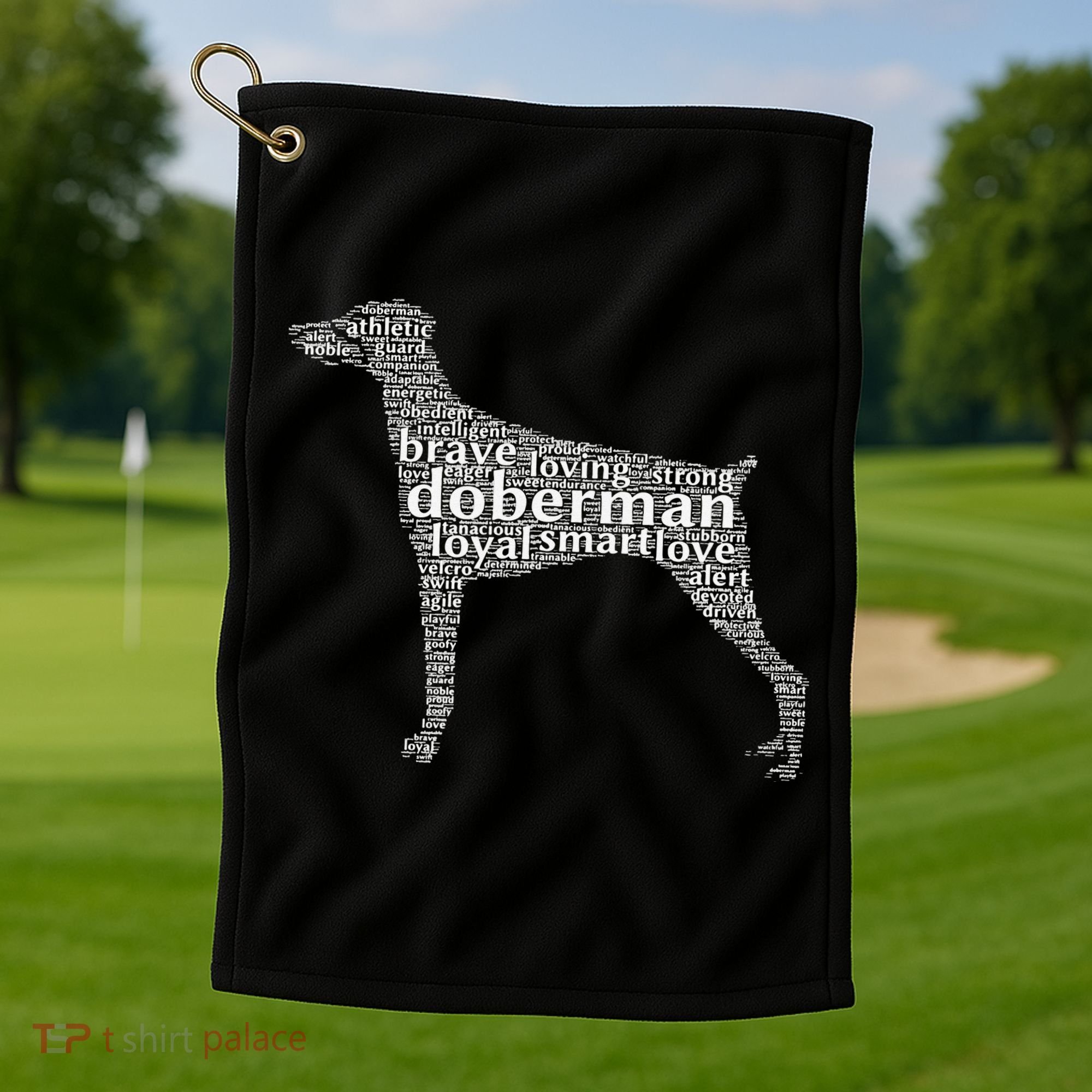 Doberman with a Docked Tail & Floppy Ears Word Cloud Golf Towel
