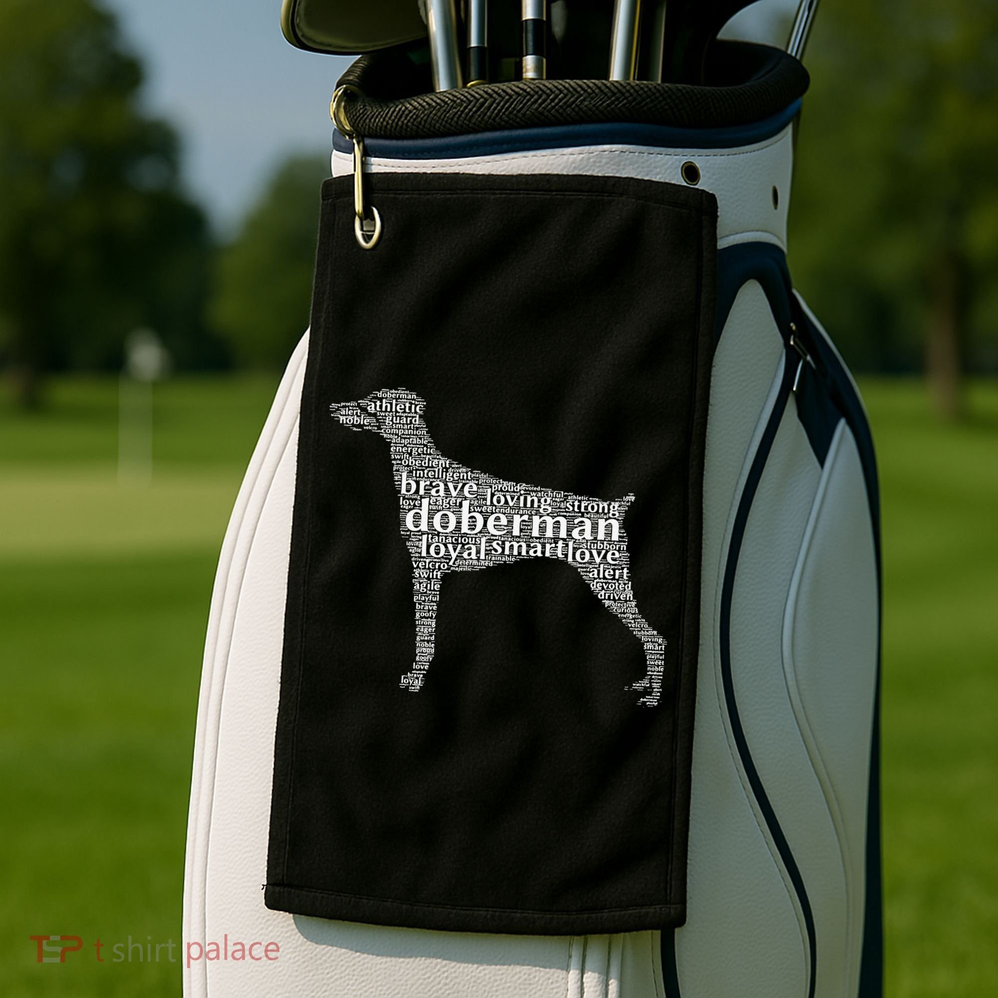 Doberman with a Docked Tail & Floppy Ears Word Cloud Golf Towel