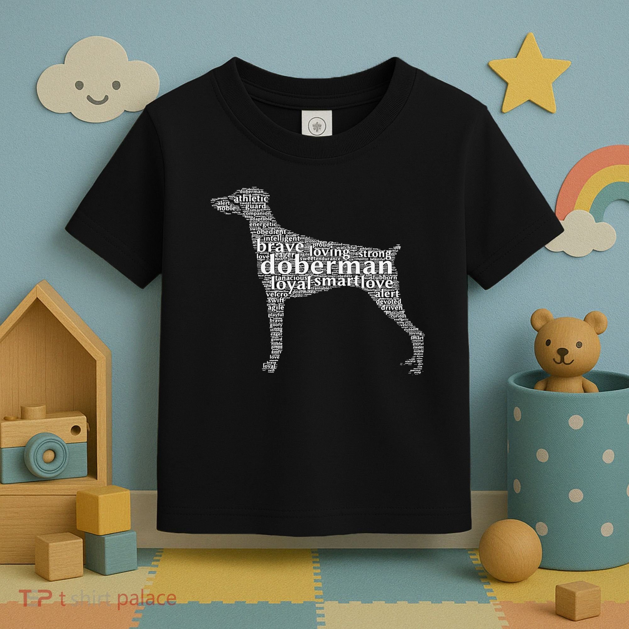 Doberman with a Docked Tail & Floppy Ears Word Cloud Toddler T-Shirt
