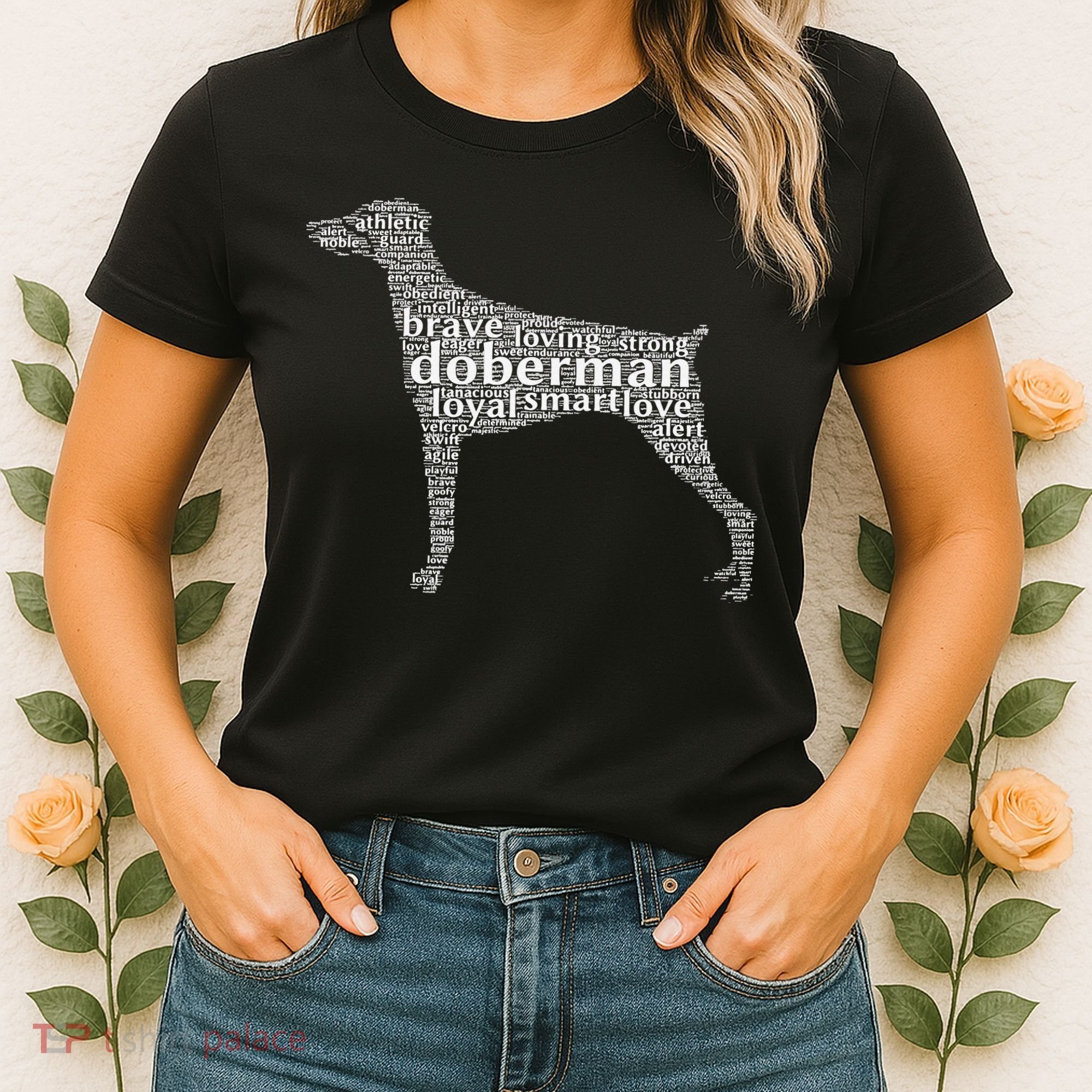 Doberman with a Docked Tail & Floppy Ears Word Cloud Women's T-Shirt