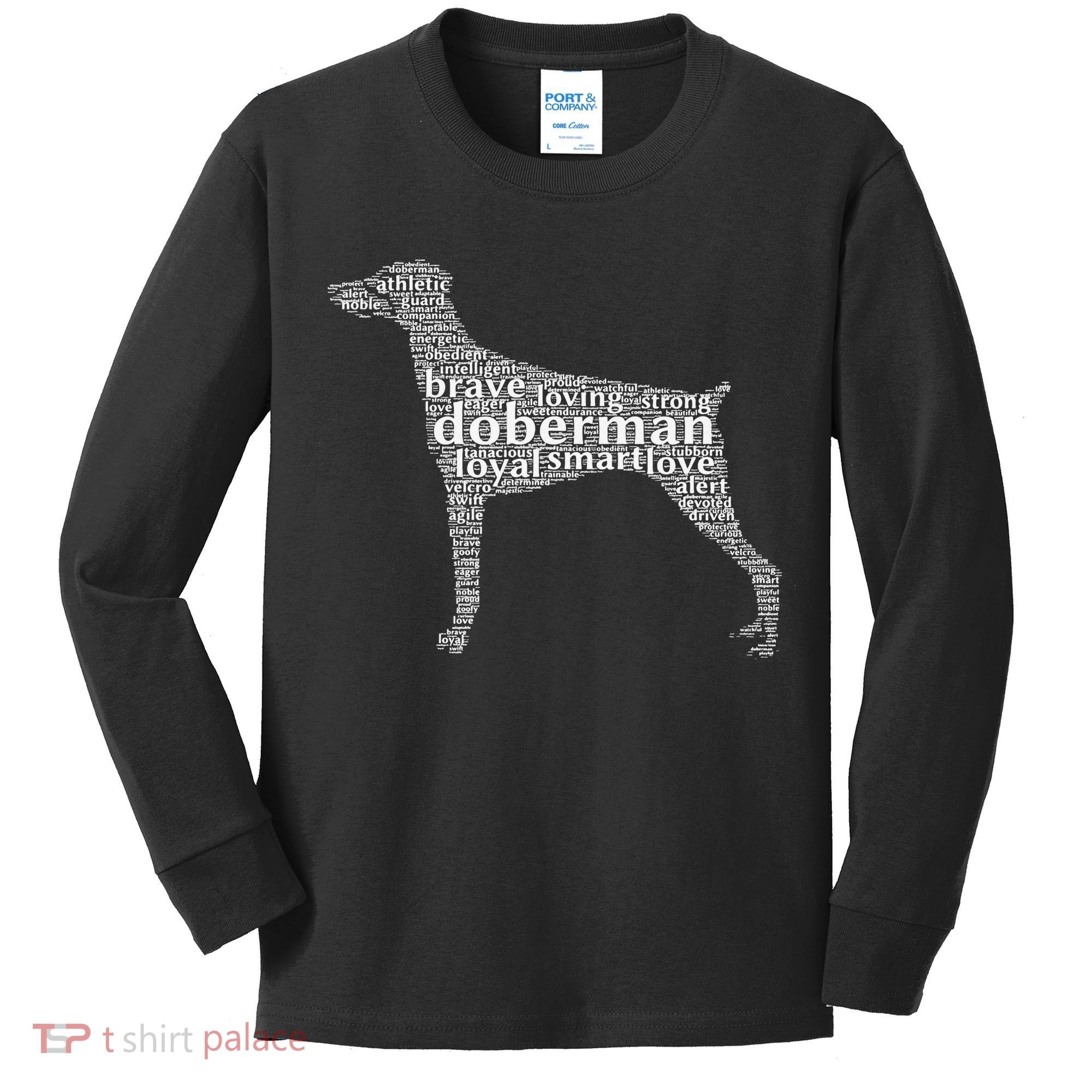 Doberman with a Docked Tail & Floppy Ears Word Cloud Kids Long Sleeve Shirt