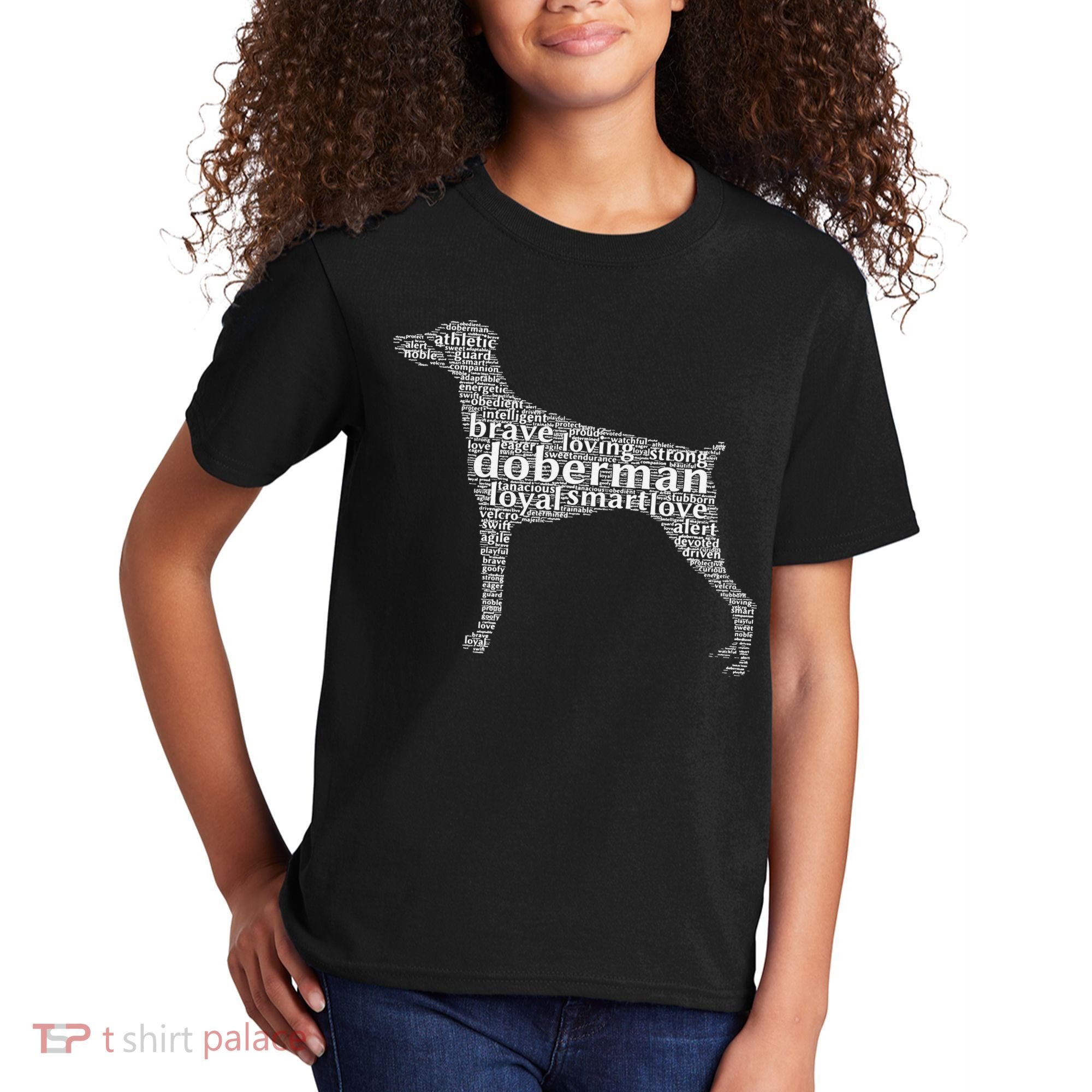 Doberman with a Docked Tail & Floppy Ears Word Cloud Kids T-Shirt