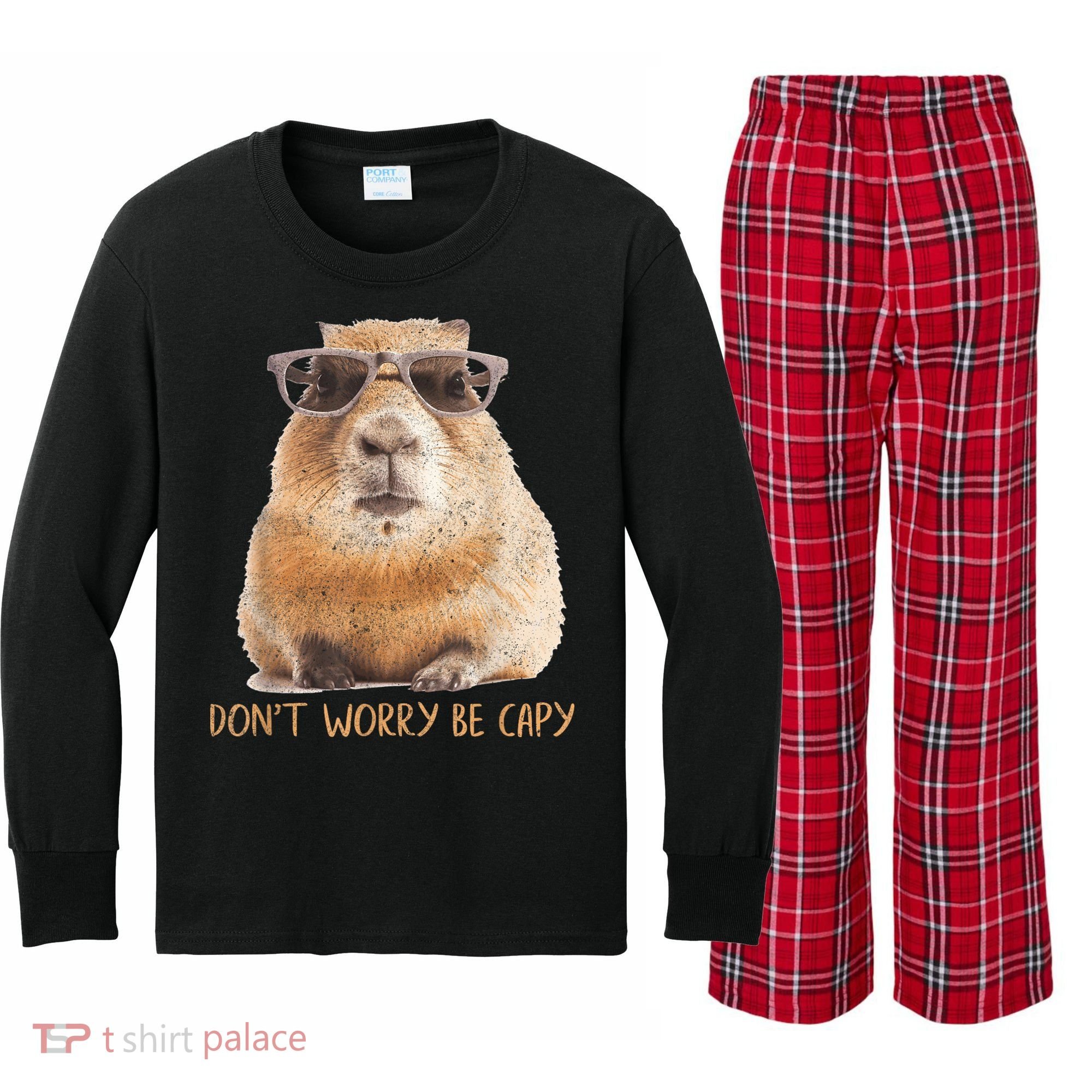 Dont Worry Be Capy Capybara Funny Capybara Lovers Kids Long Sleeve Plaid Pajama Set
