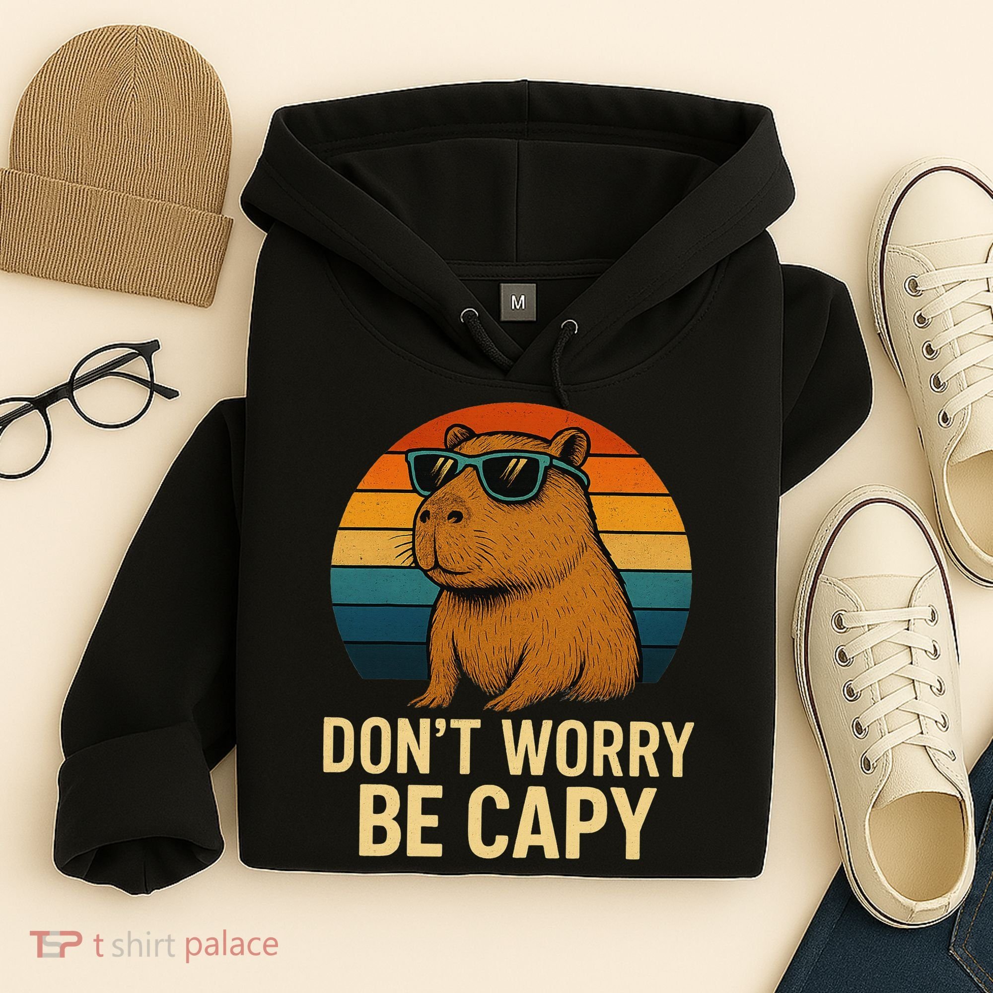 Don’t Worry Be Capy Funny Retro Sunset Capybara Sunglasses Hoodie