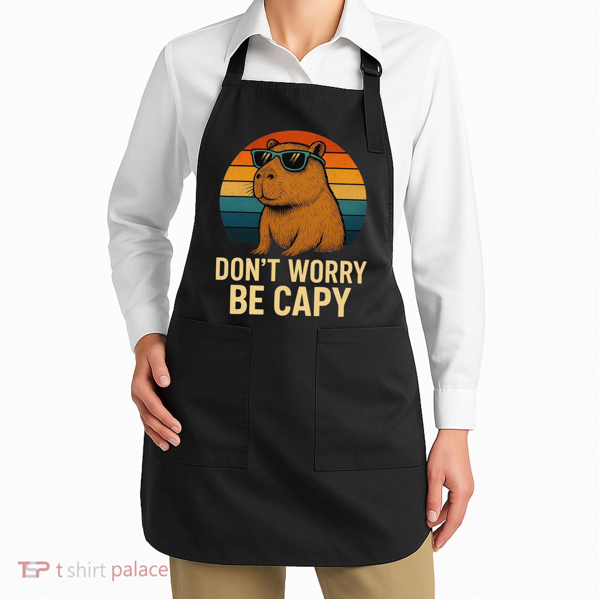 Don’t Worry Be Capy Funny Retro Sunset Capybara Sunglasses Apron