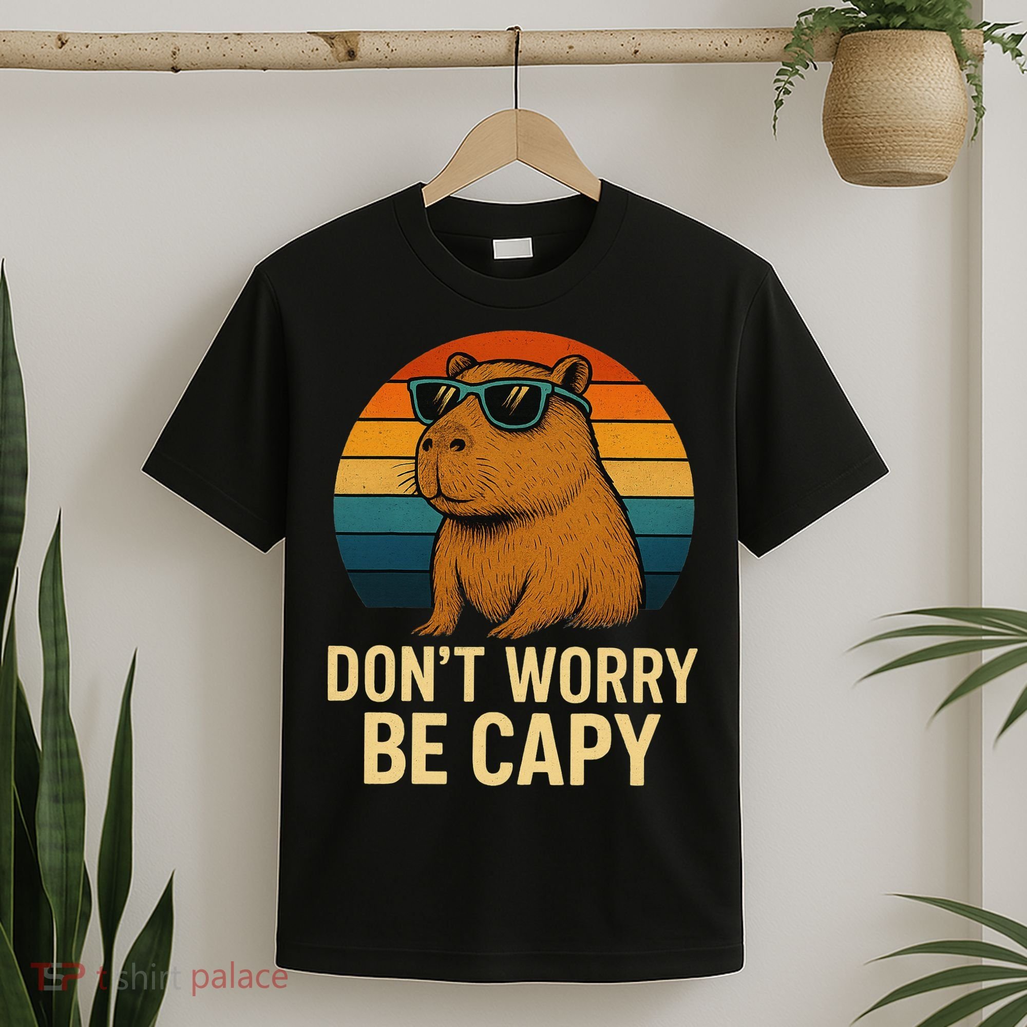 Don’t Worry Be Capy Funny Retro Sunset Capybara Sunglasses T-Shirt