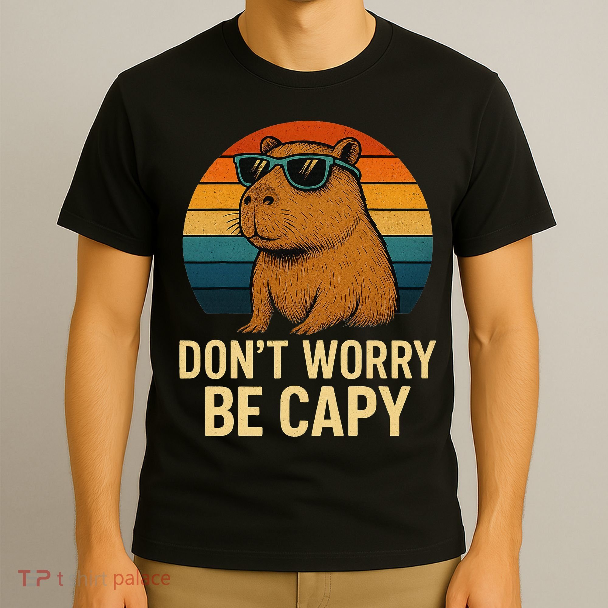 Don’t Worry Be Capy Funny Retro Sunset Capybara Sunglasses T-Shirt