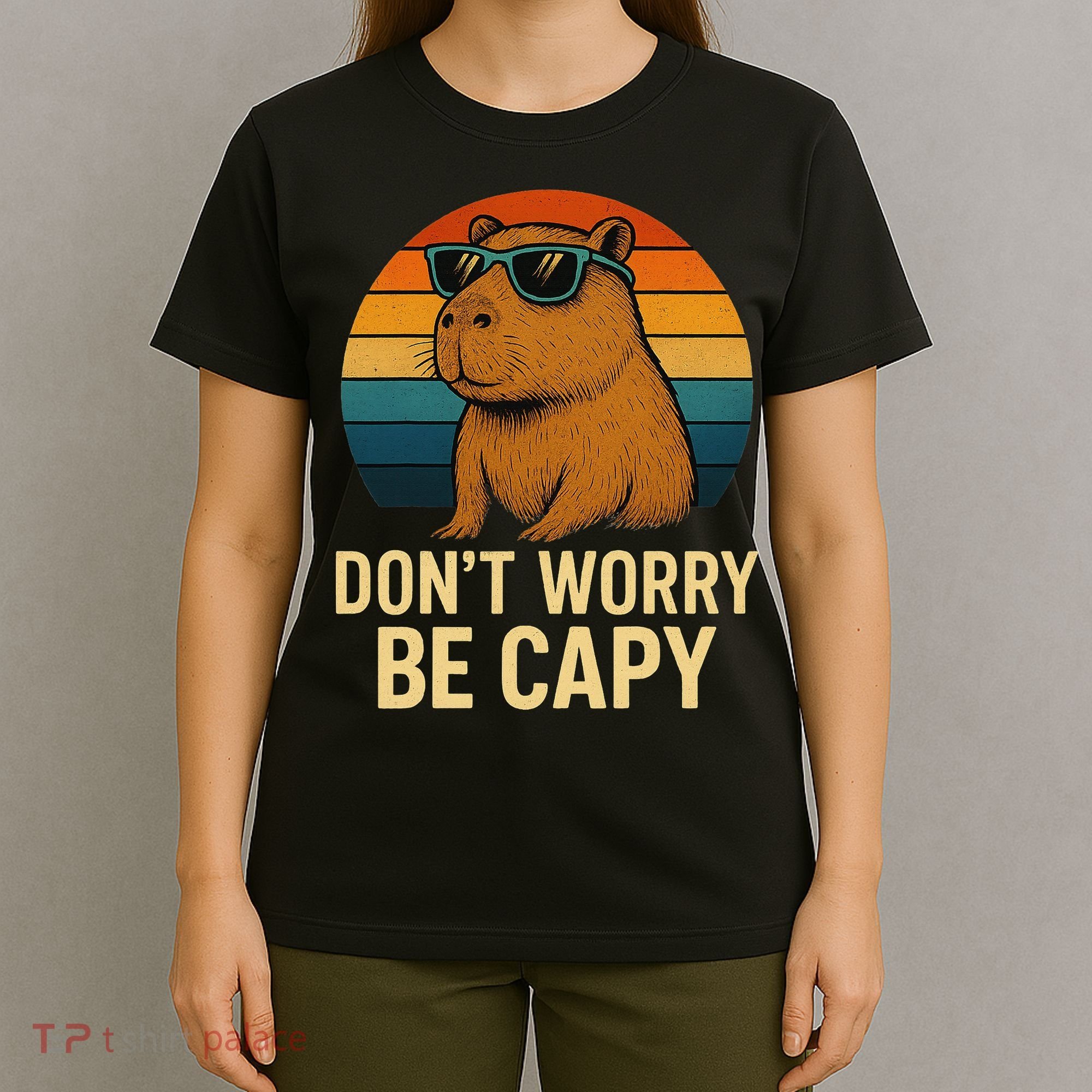 Don’t Worry Be Capy Funny Retro Sunset Capybara Sunglasses T-Shirt