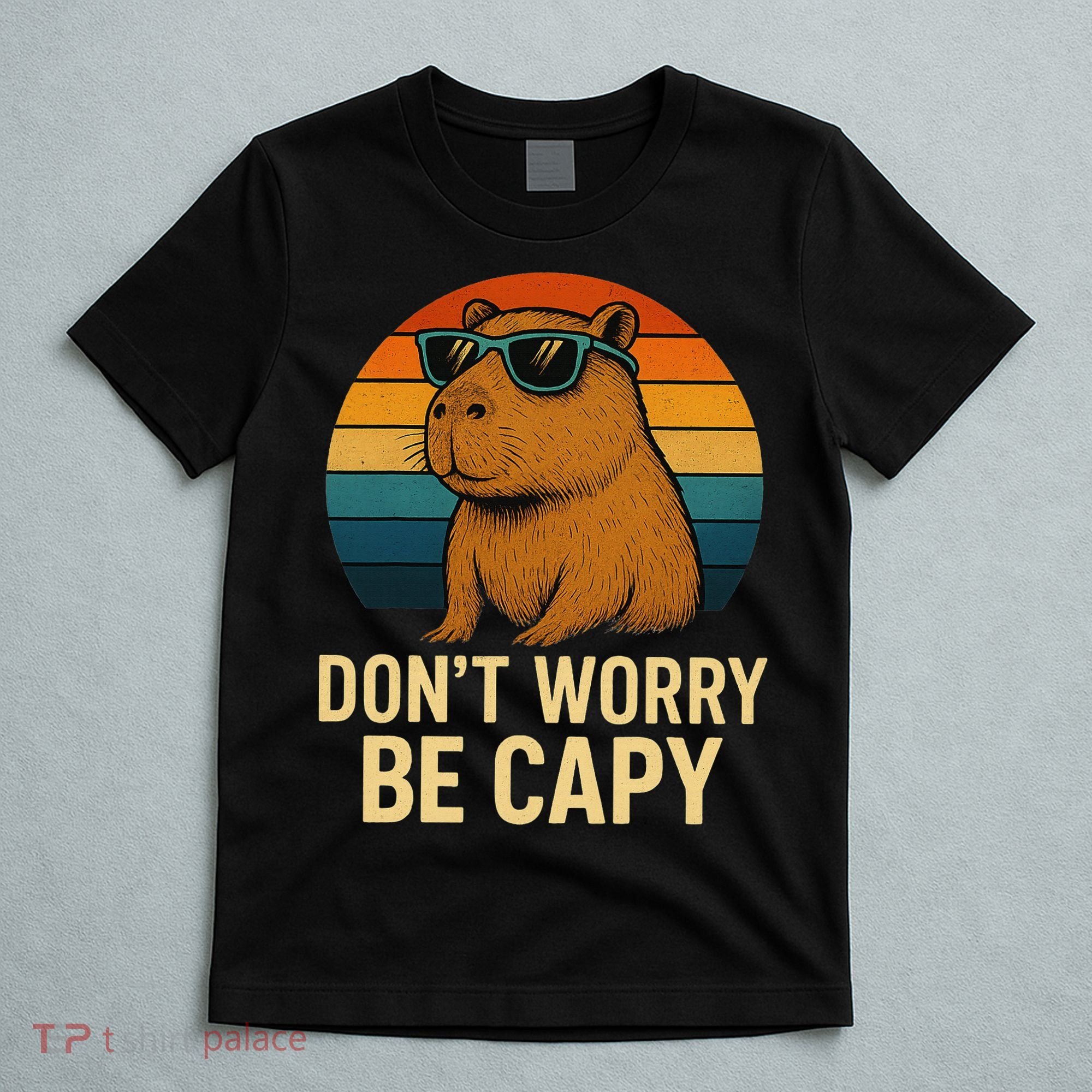Don’t Worry Be Capy Funny Retro Sunset Capybara Sunglasses T-Shirt