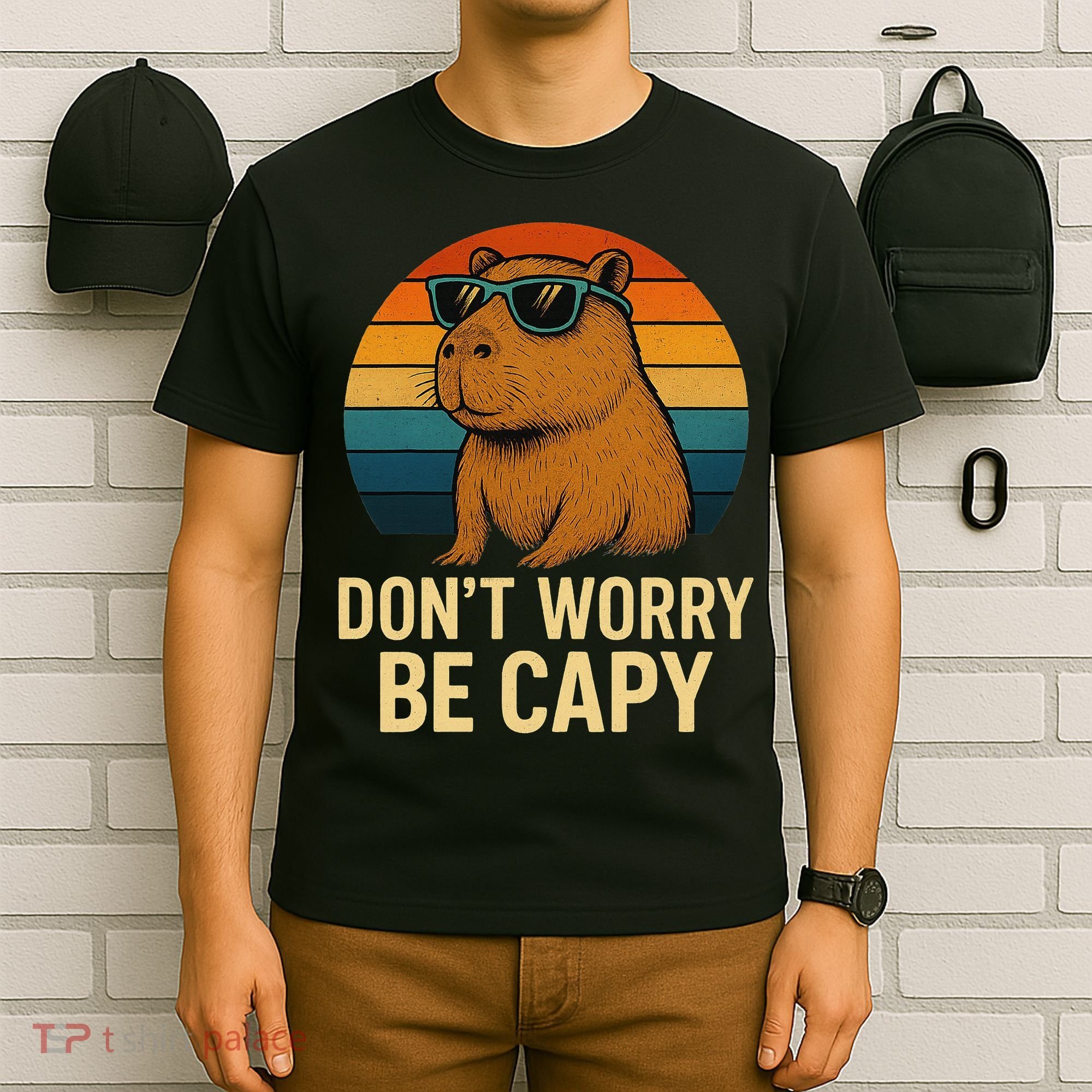 Don’t Worry Be Capy Funny Retro Sunset Capybara Sunglasses T-Shirt