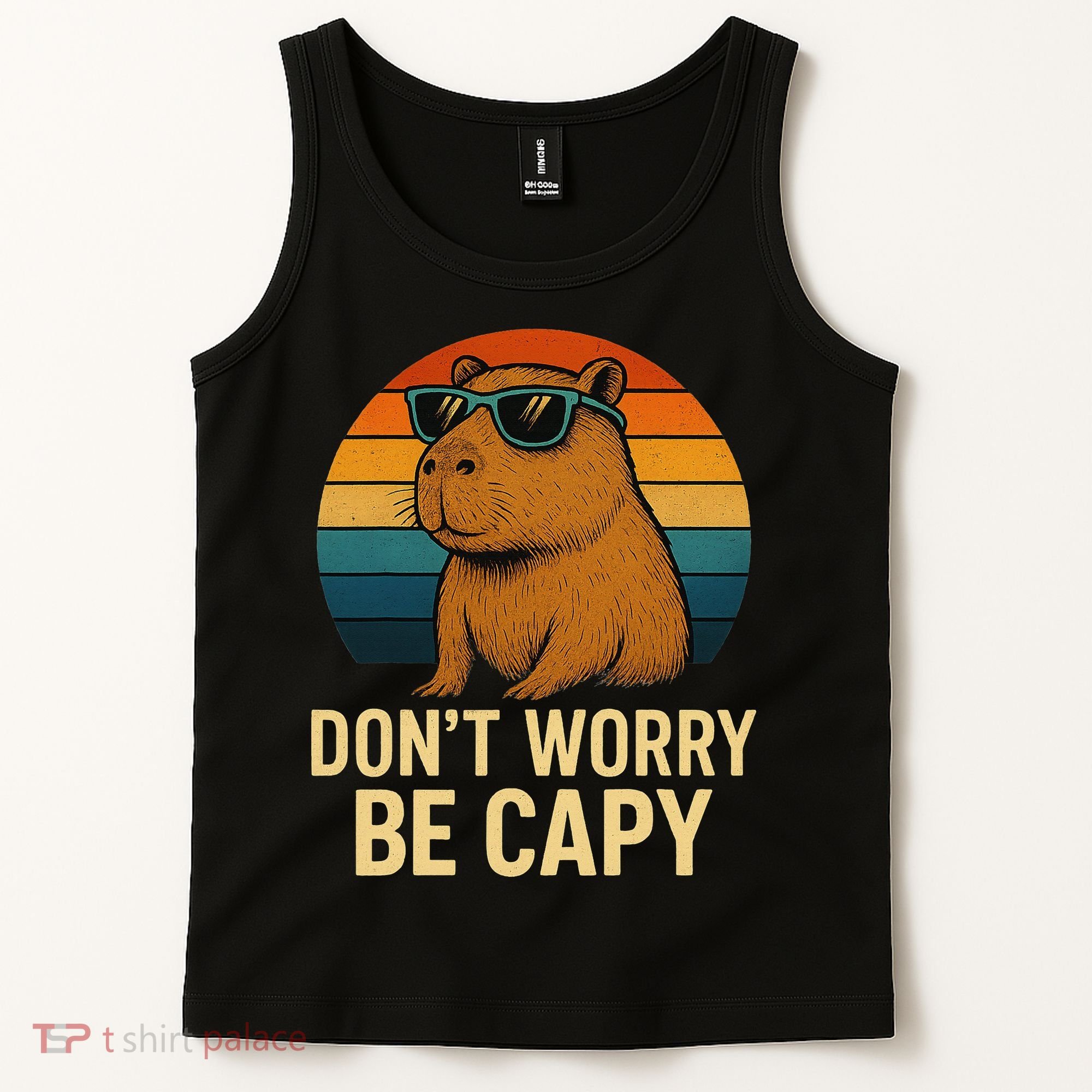 Don’t Worry Be Capy Funny Retro Sunset Capybara Sunglasses Tank Top