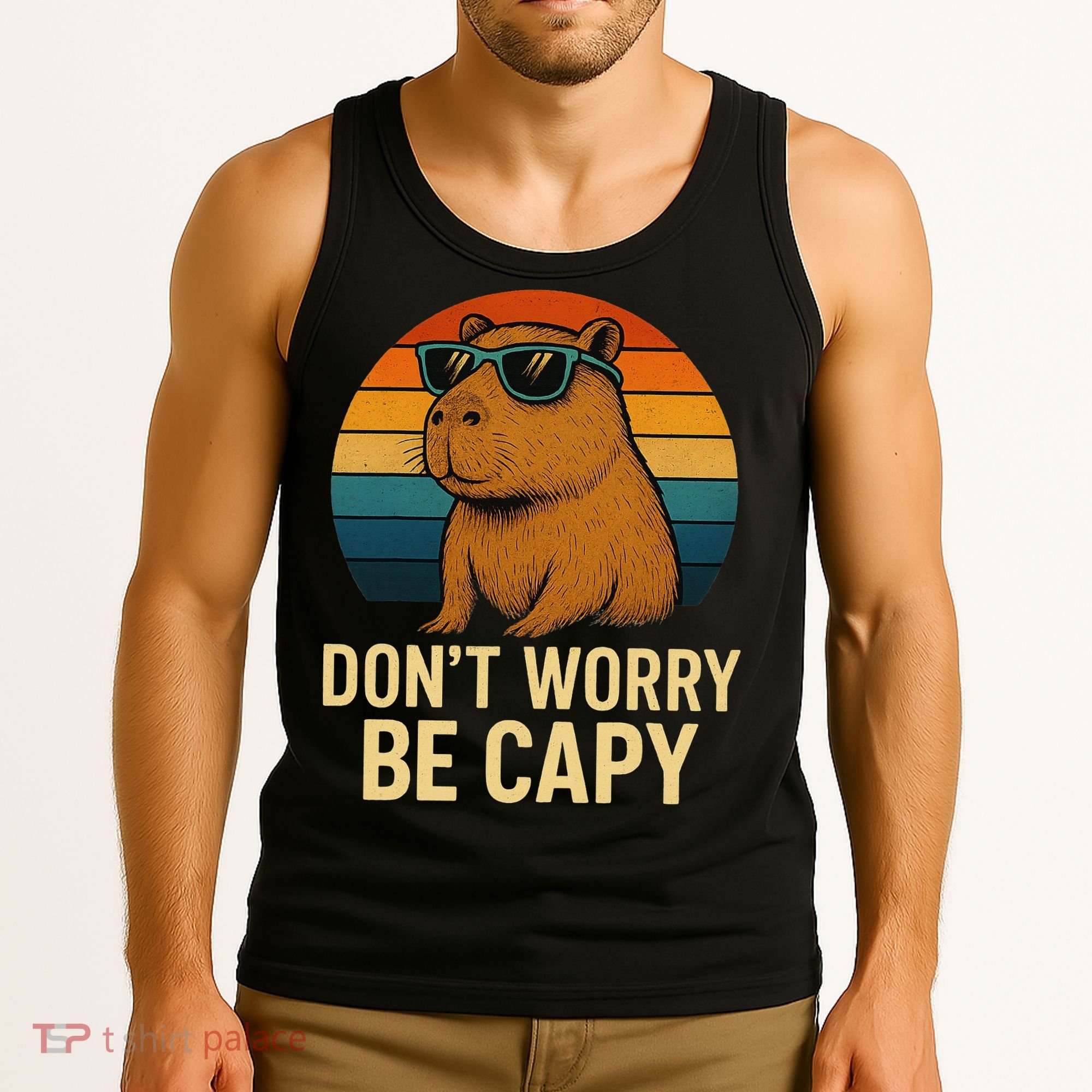 Don’t Worry Be Capy Funny Retro Sunset Capybara Sunglasses Tank Top