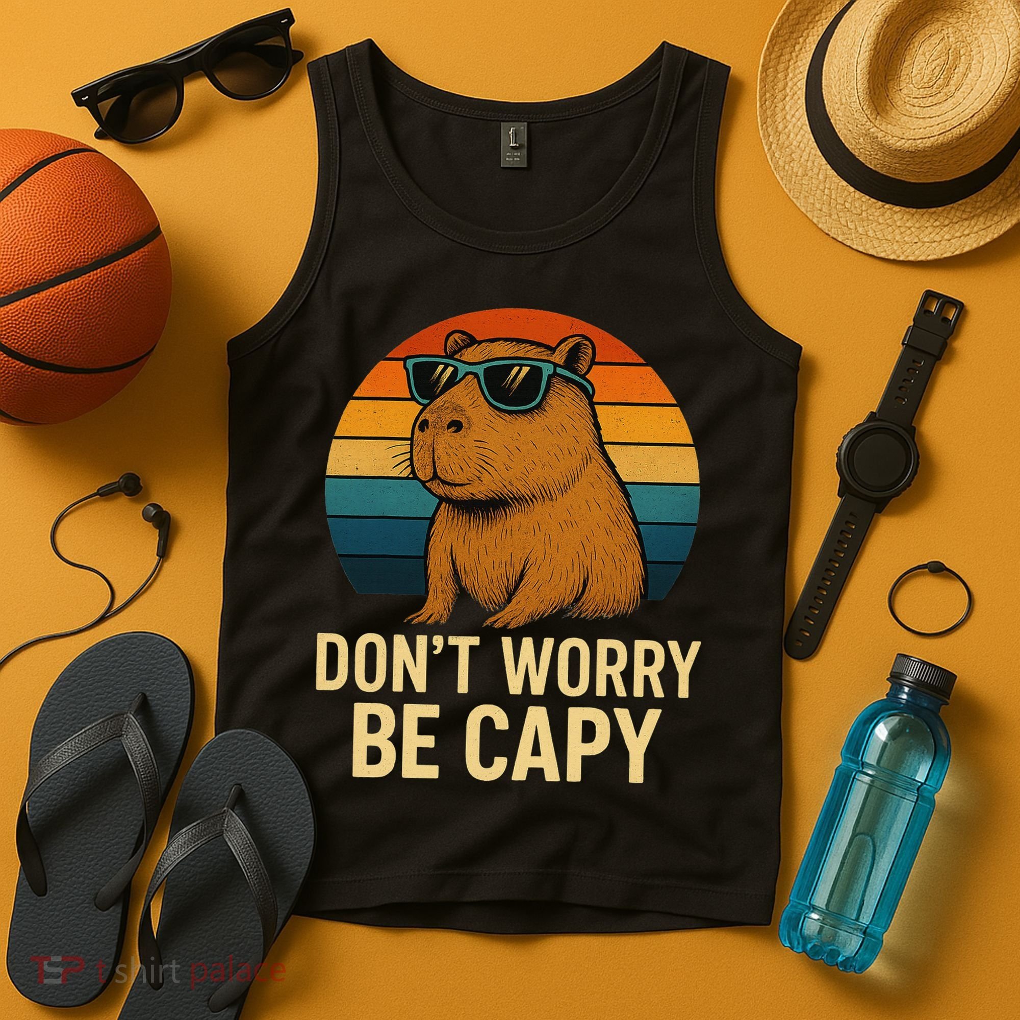 Don’t Worry Be Capy Funny Retro Sunset Capybara Sunglasses Tank Top
