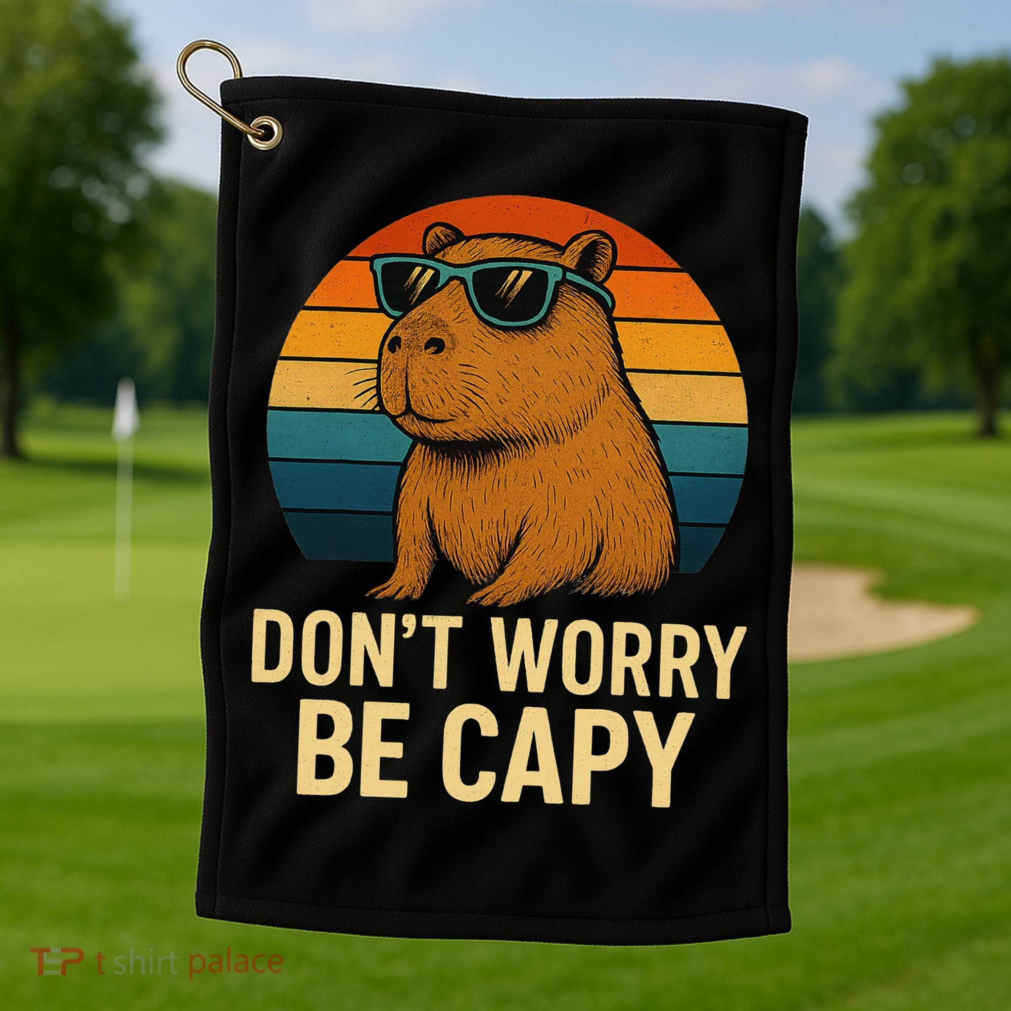 Don’t Worry Be Capy Funny Retro Sunset Capybara Sunglasses Golf Towel