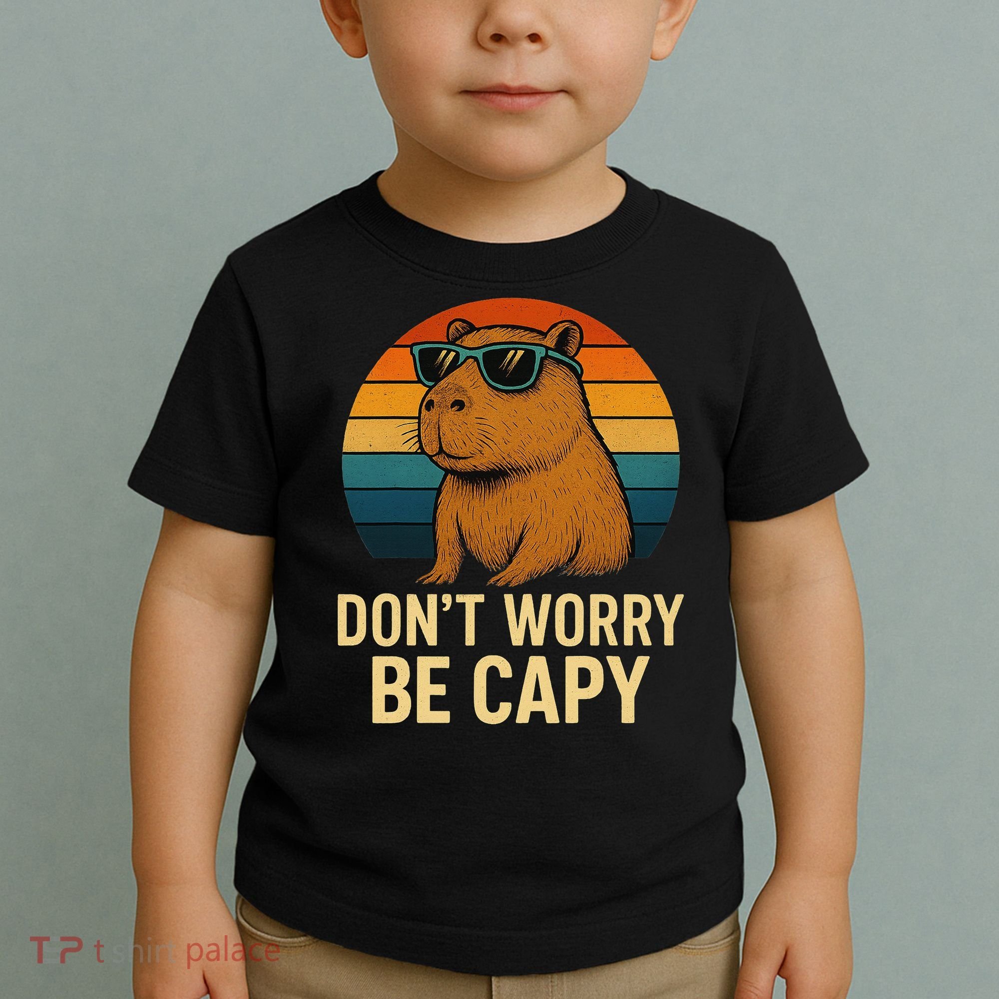 Don’t Worry Be Capy Funny Retro Sunset Capybara Sunglasses Toddler T-Shirt