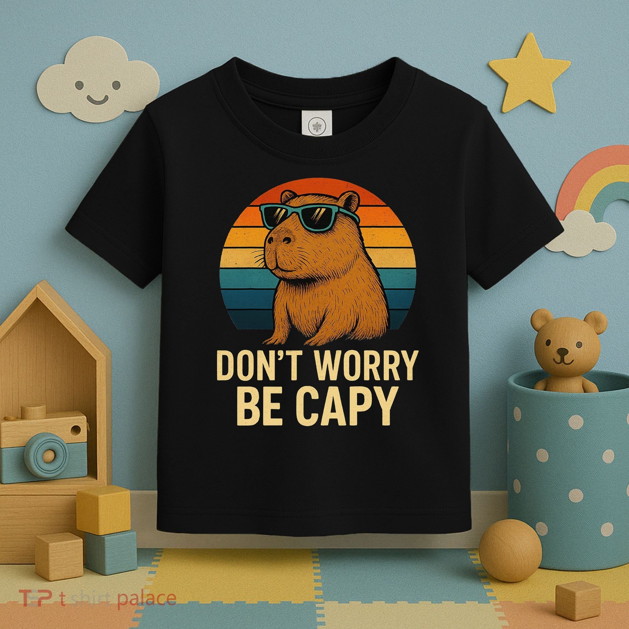 Don’t Worry Be Capy Funny Retro Sunset Capybara Sunglasses Toddler T-Shirt