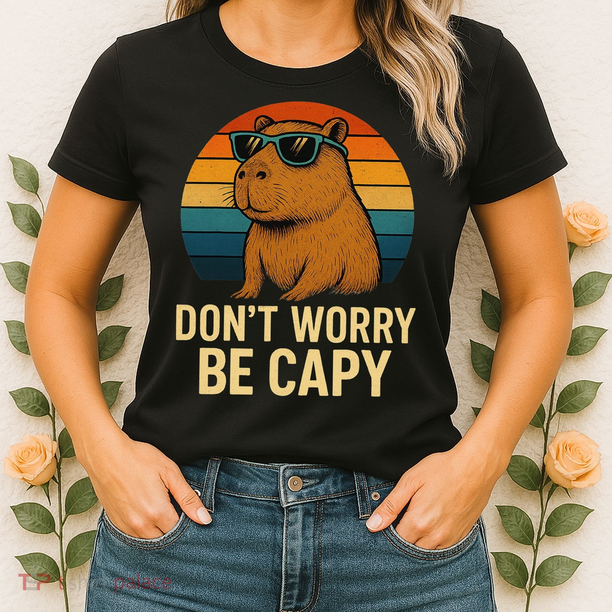 Don’t Worry Be Capy Funny Retro Sunset Capybara Sunglasses Women's T-Shirt