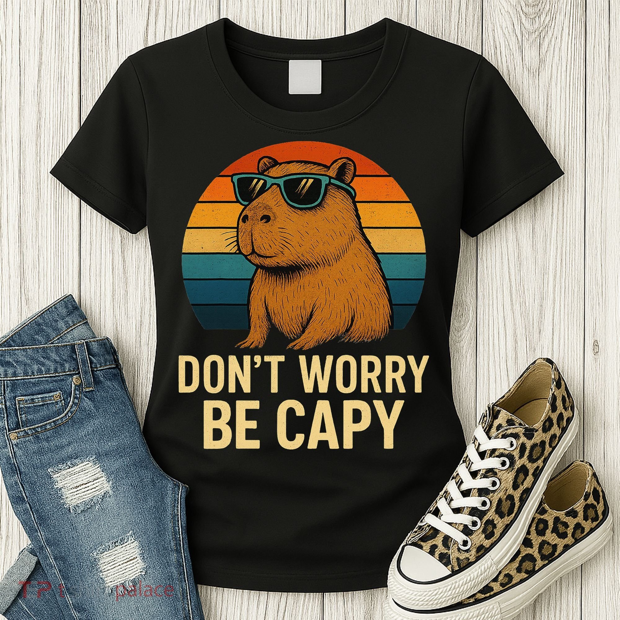 Don’t Worry Be Capy Funny Retro Sunset Capybara Sunglasses Women's T-Shirt
