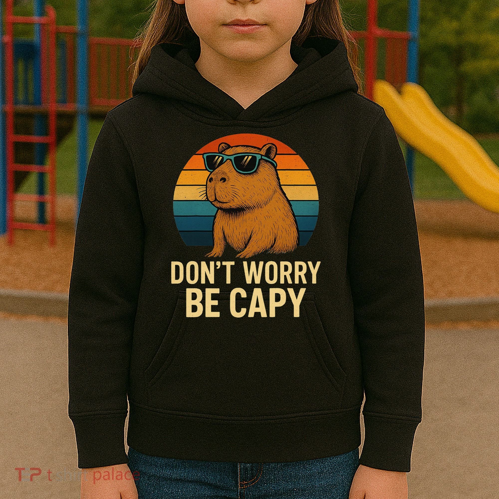 Don’t Worry Be Capy Funny Retro Sunset Capybara Sunglasses Kids Hoodie