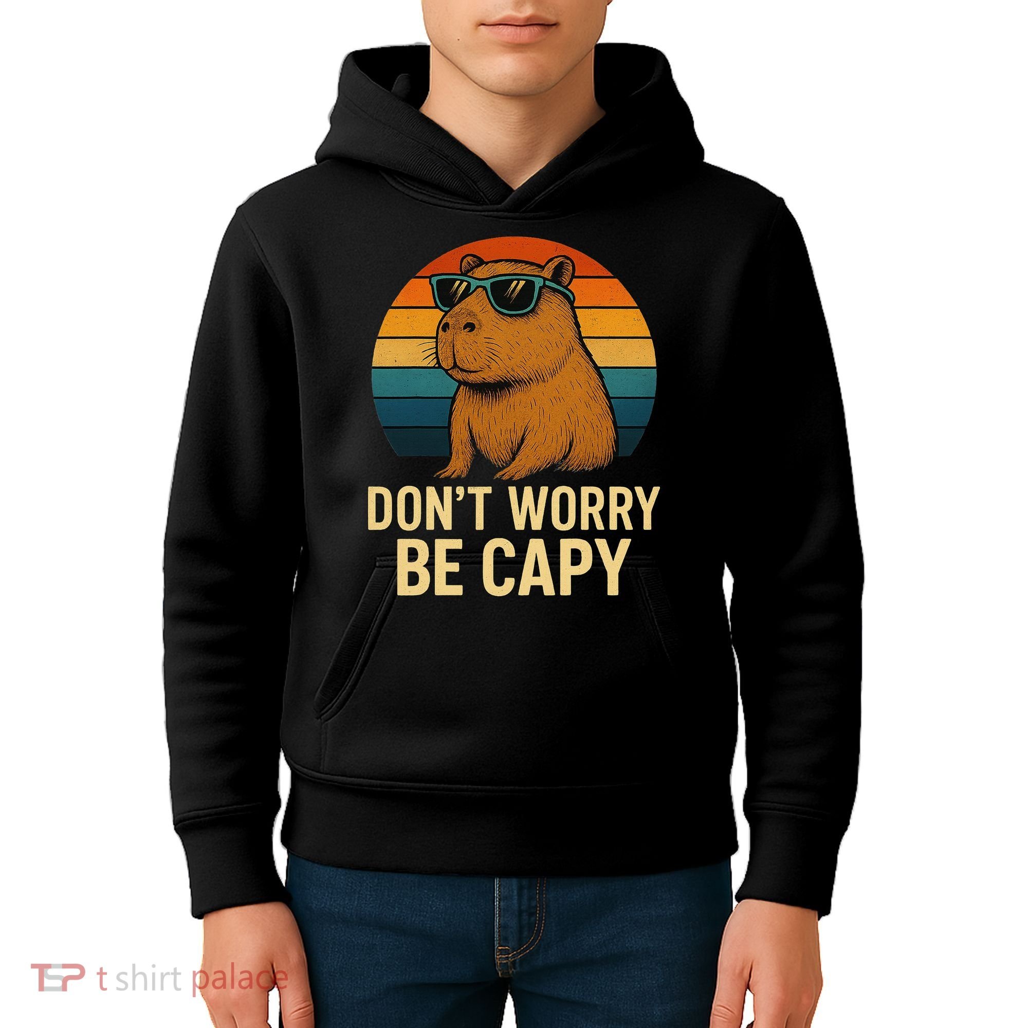 Don’t Worry Be Capy Funny Retro Sunset Capybara Sunglasses Kids Hoodie