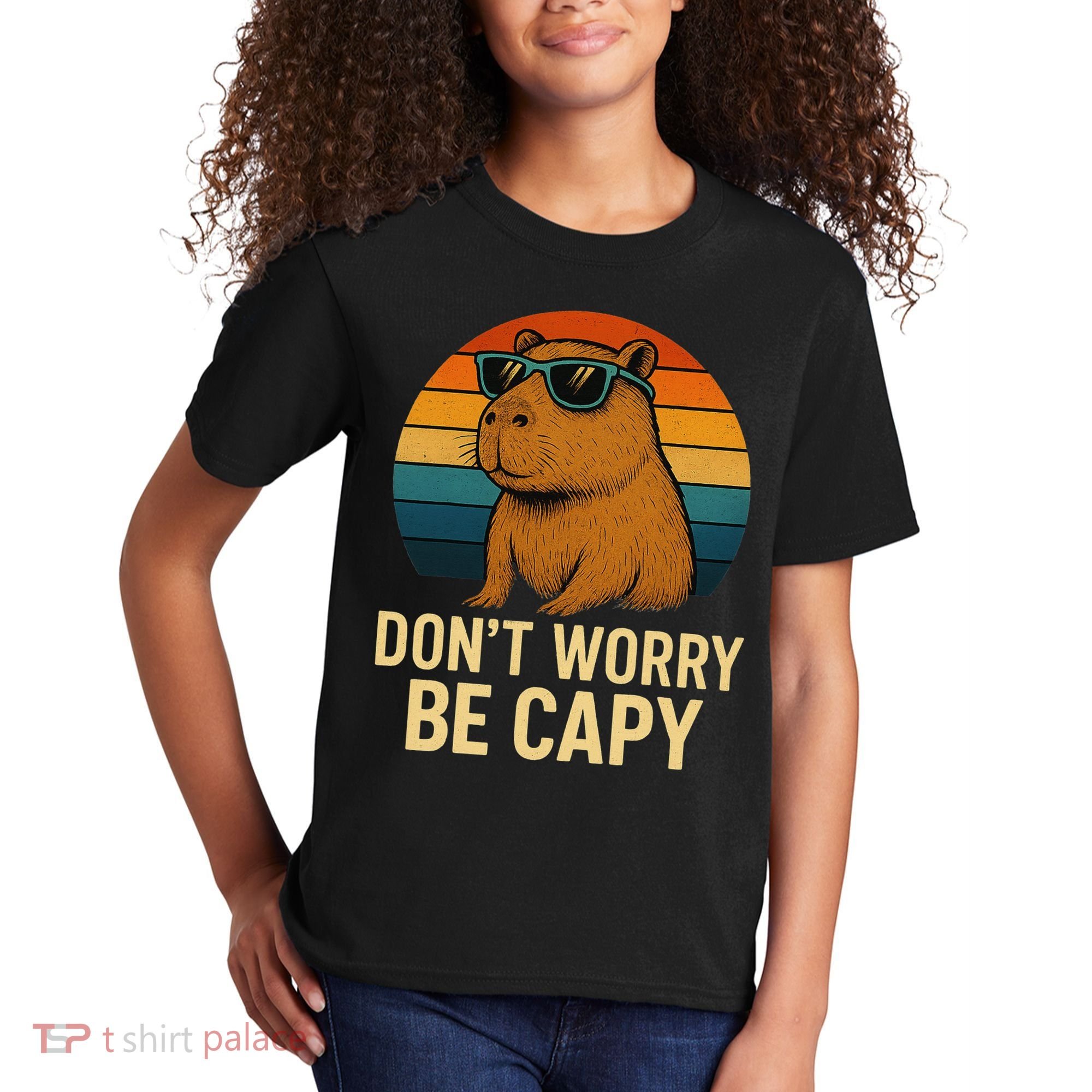 Don’t Worry Be Capy Funny Retro Sunset Capybara Sunglasses Kids T-Shirt
