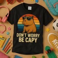 Don’t Worry Be Capy Funny Retro Sunset Capybara Sunglasses Kids T-Shirt thumb 3