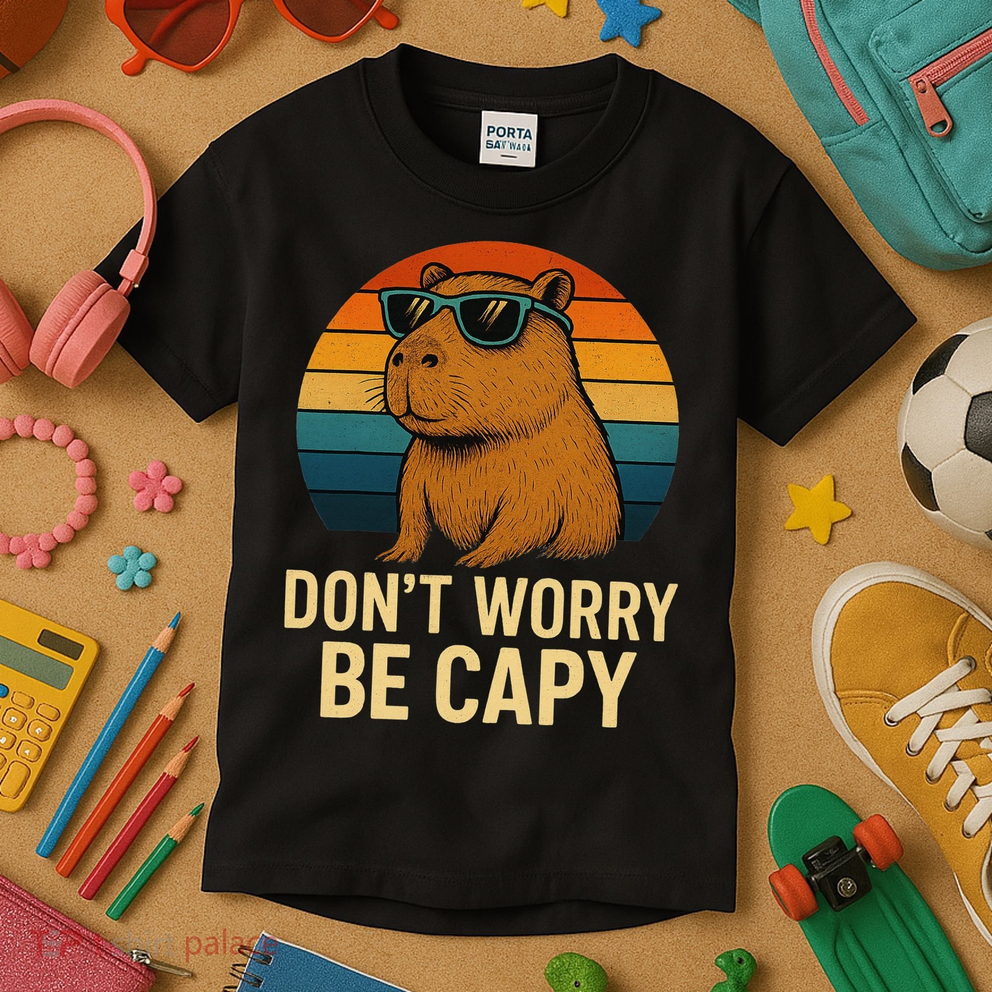 Don’t Worry Be Capy Funny Retro Sunset Capybara Sunglasses Kids T-Shirt
