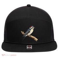 Downy Woodpecker Bird Lover Illustration 7 Panel Mesh Trucker Snapback Hat thumb 0
