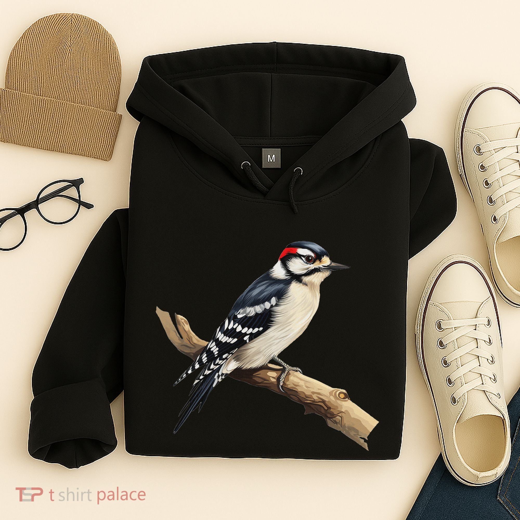 Downy Woodpecker Bird Lover Illustration Hoodie