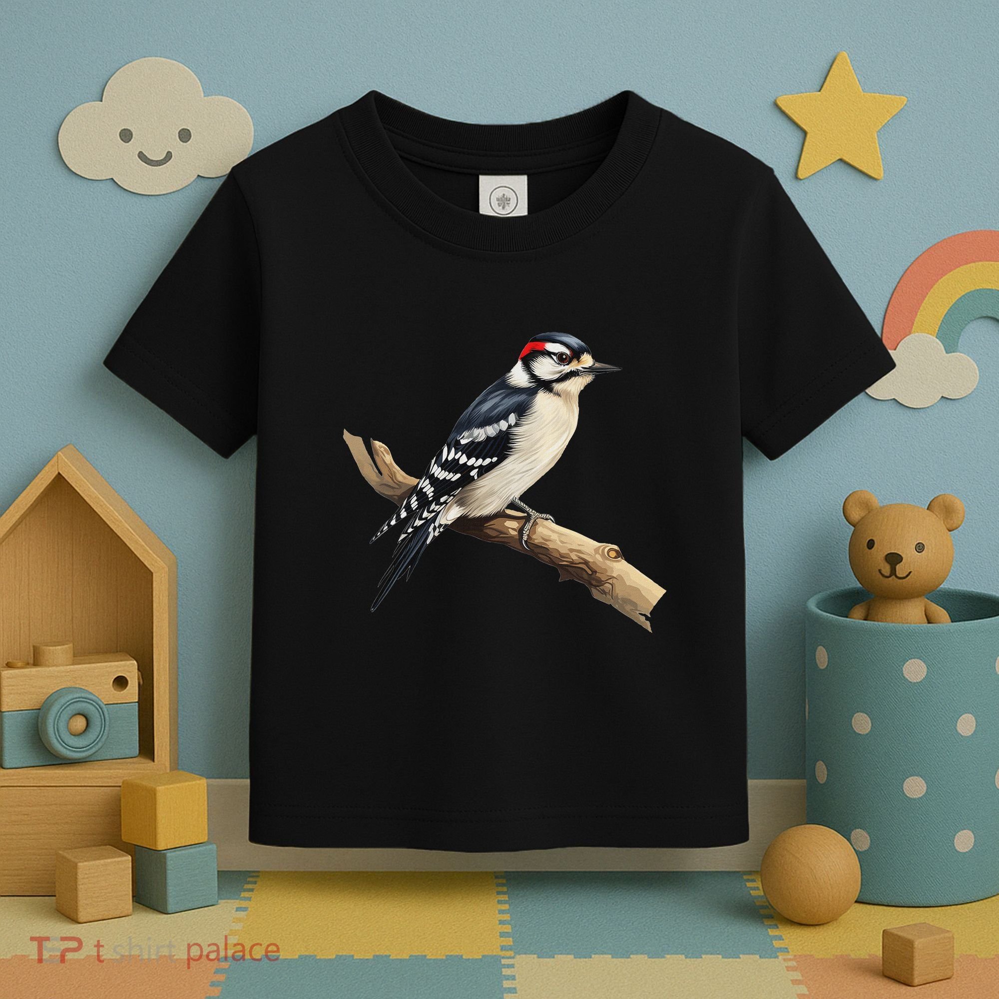 Downy Woodpecker Bird Lover Illustration Toddler T-Shirt