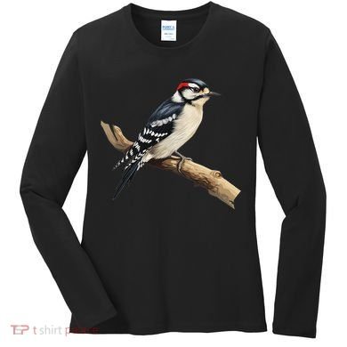 Downy Woodpecker Bird Lover Illustration Women's Long Sleeve Shirt