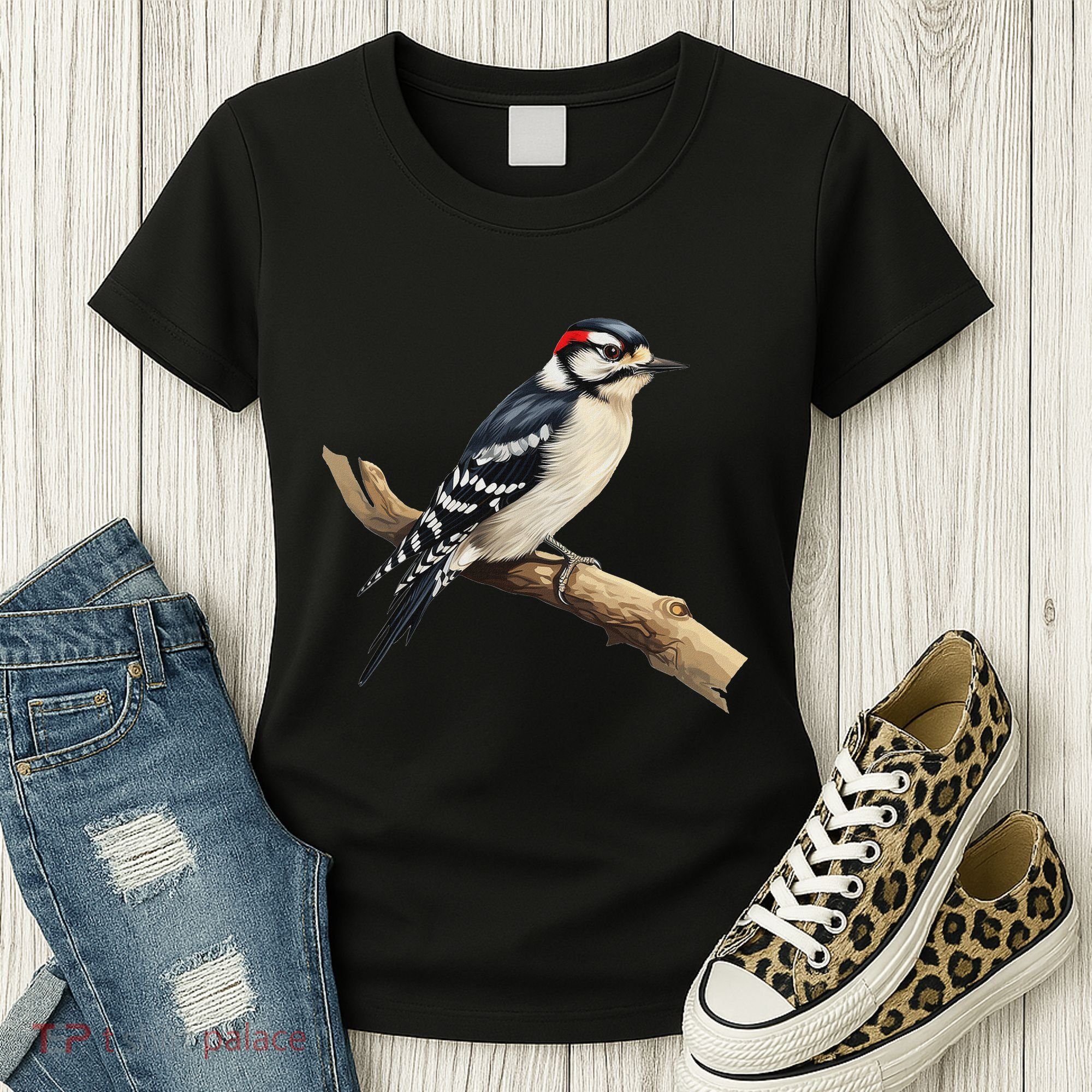 Downy Woodpecker Bird Lover Illustration Women's T-Shirt