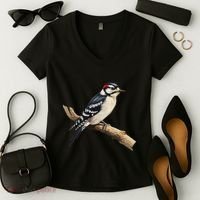 Downy Woodpecker Bird Lover Illustration Women's V-Neck T-Shirt thumb 2