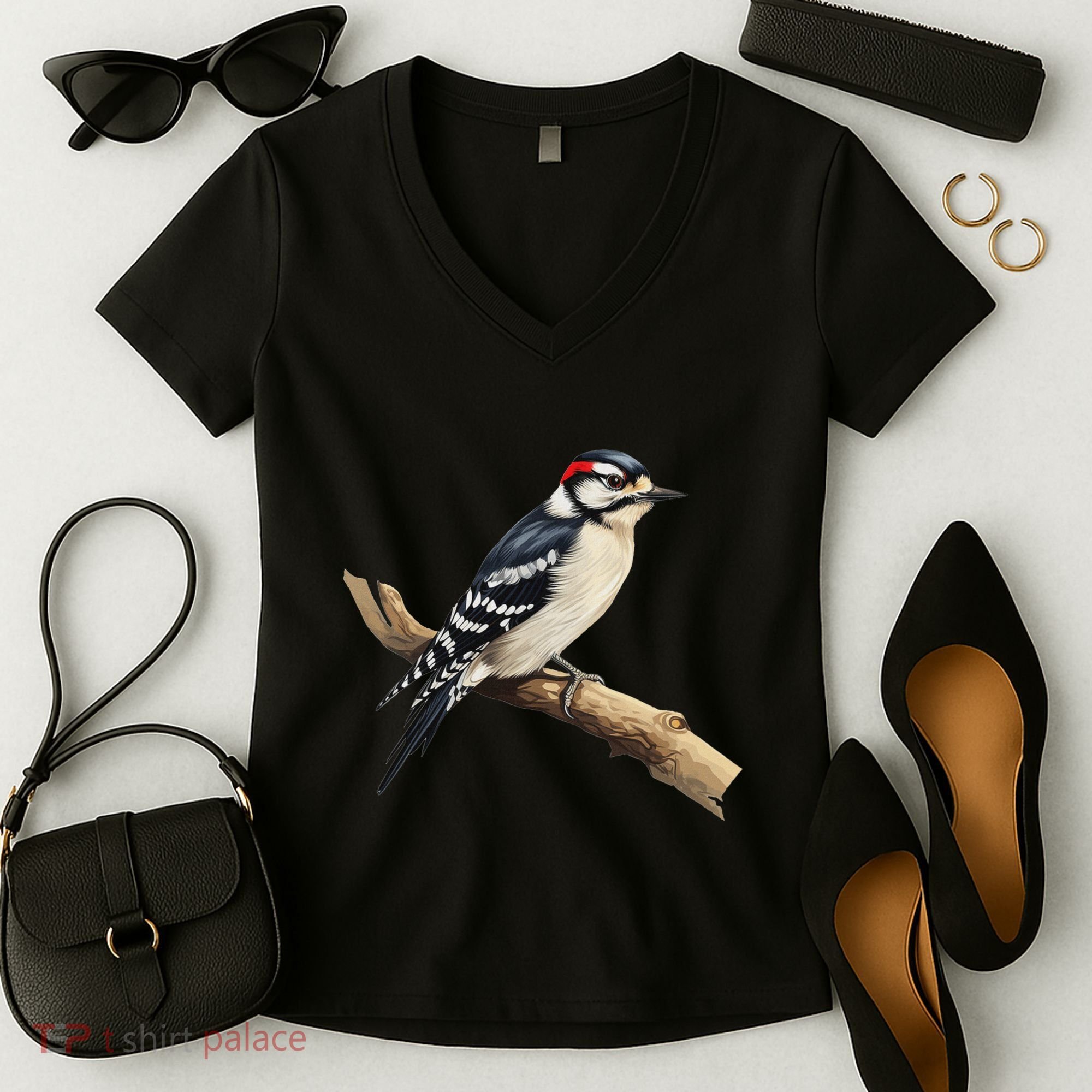 Downy Woodpecker Bird Lover Illustration Women's V-Neck T-Shirt